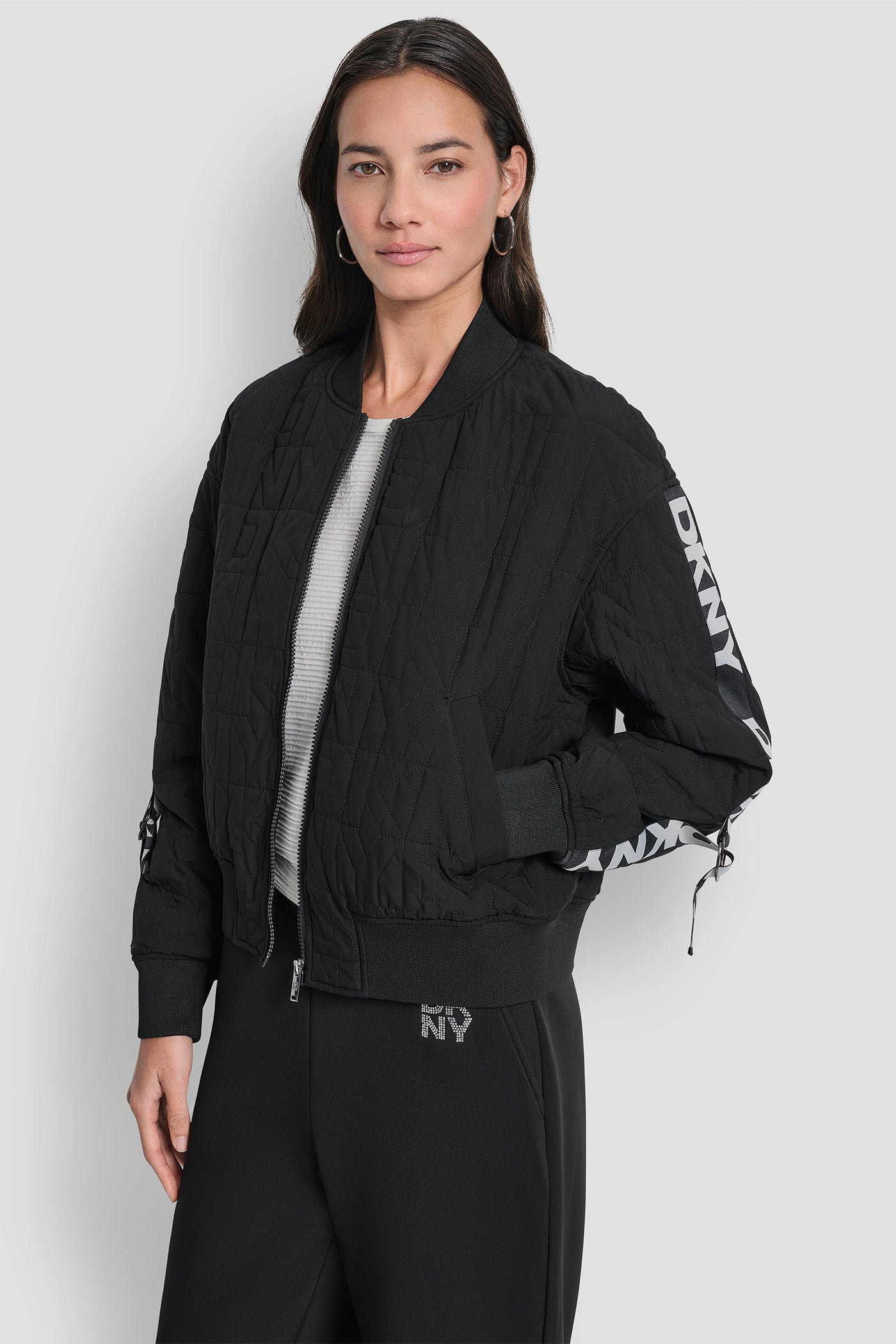 Black QUILTED STACK LOGO BOMBER JACKET, FRONT VIEW | Clothing