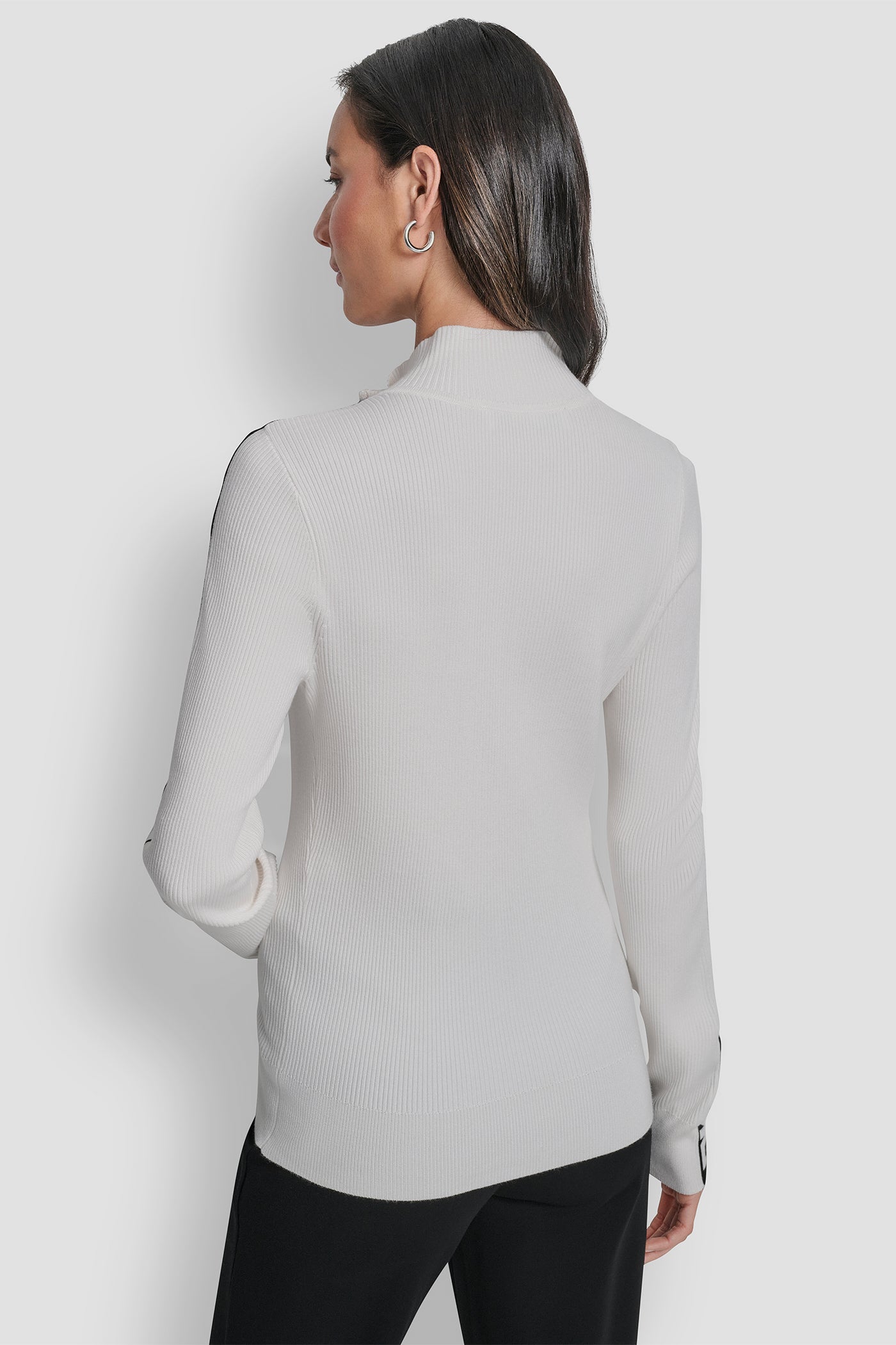 IVORY/BLACK LONG SLEEVE 1/4 ZIP LOGO TAPE SWEATER, BACK VIEW | WOMEN'S SWEATERS & TOPS