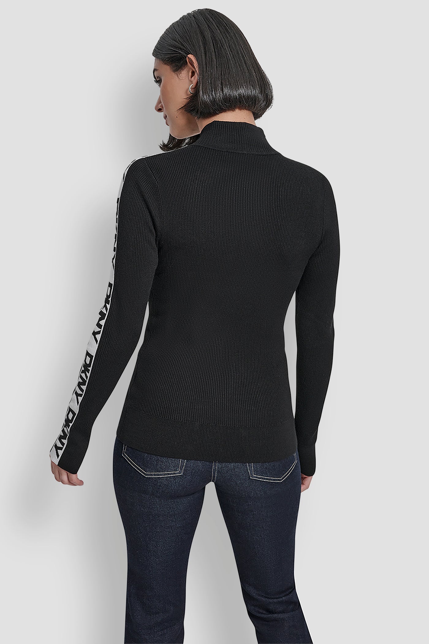 Black LONG SLEEVE 1/4 ZIP LOGO TAPE SWEATER, BACK VIEW | WOMEN'S SWEATERS & TOPS