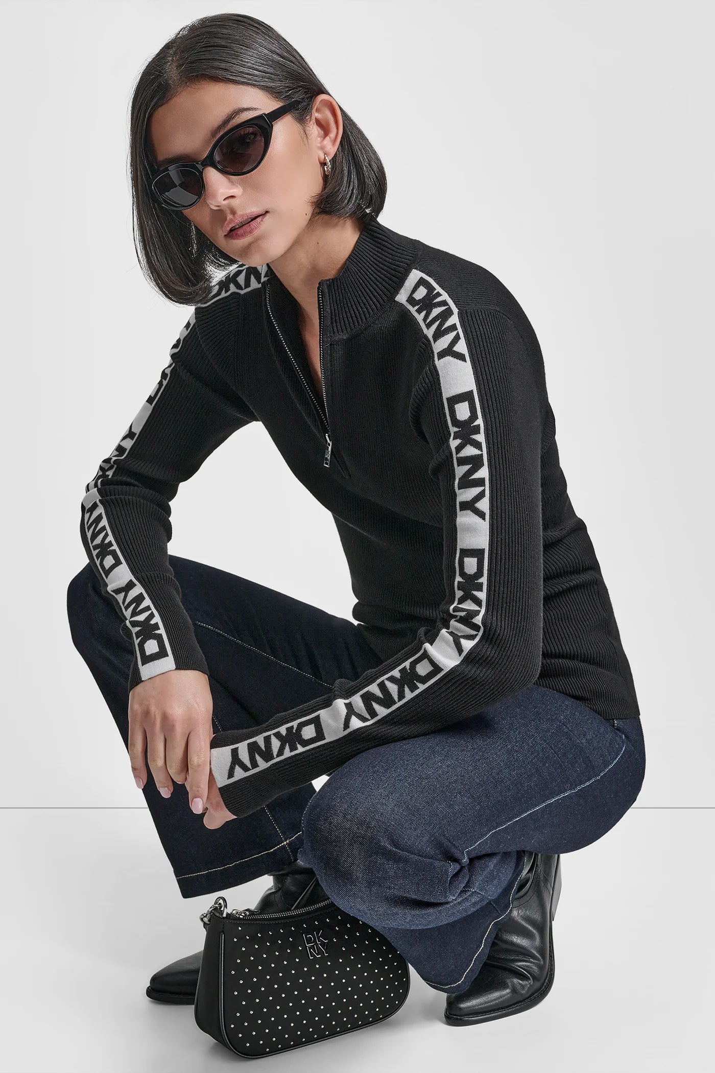 Black LONG SLEEVE 1/4 ZIP LOGO TAPE SWEATER, VIEW 1 | Back-To-School Shop