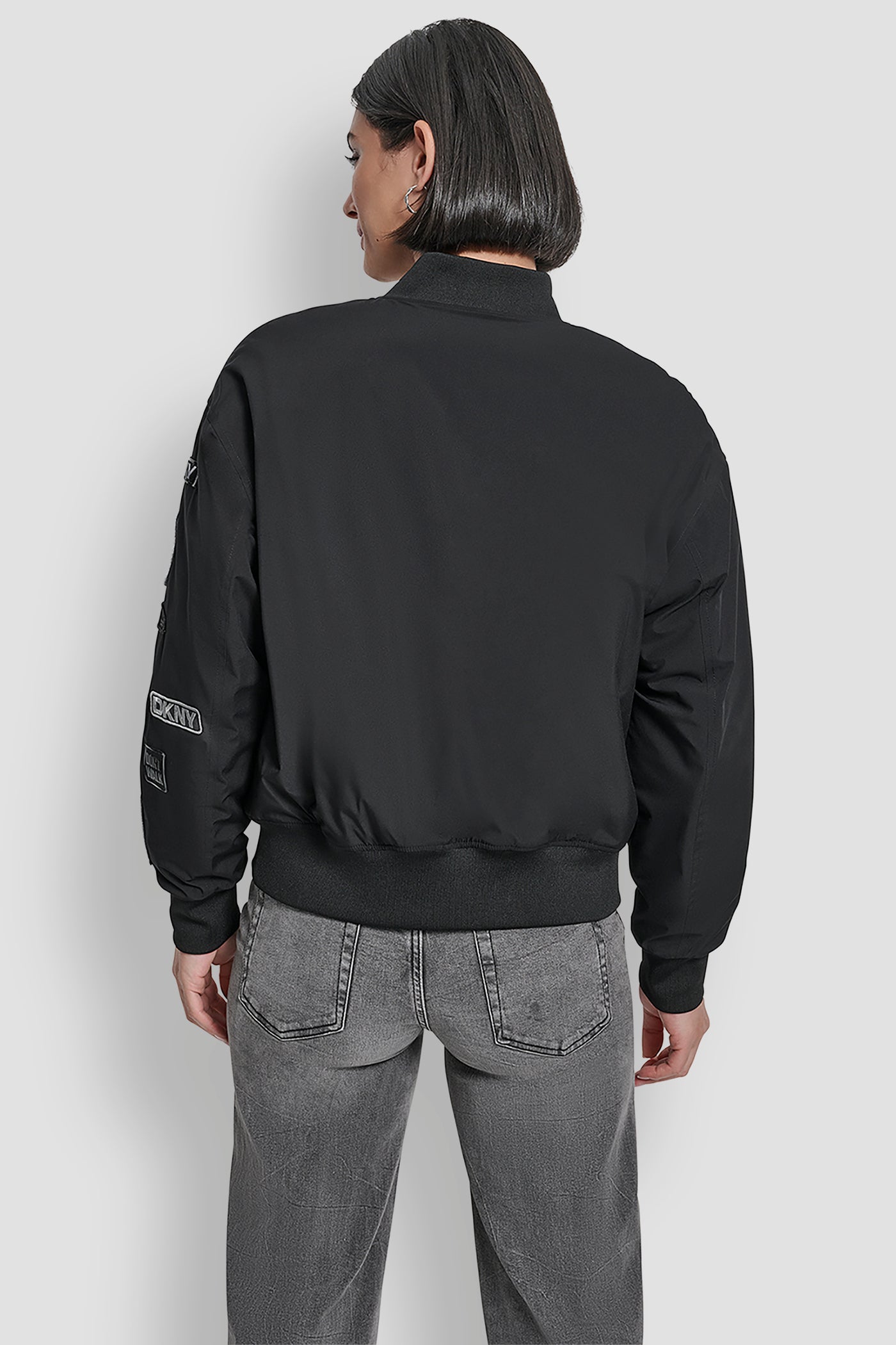 Black LONG SLEEVE NYLON PINS AND PATCHES BOMBER JACKET, BACK VIEW | WOMENS COATS & JACKETS