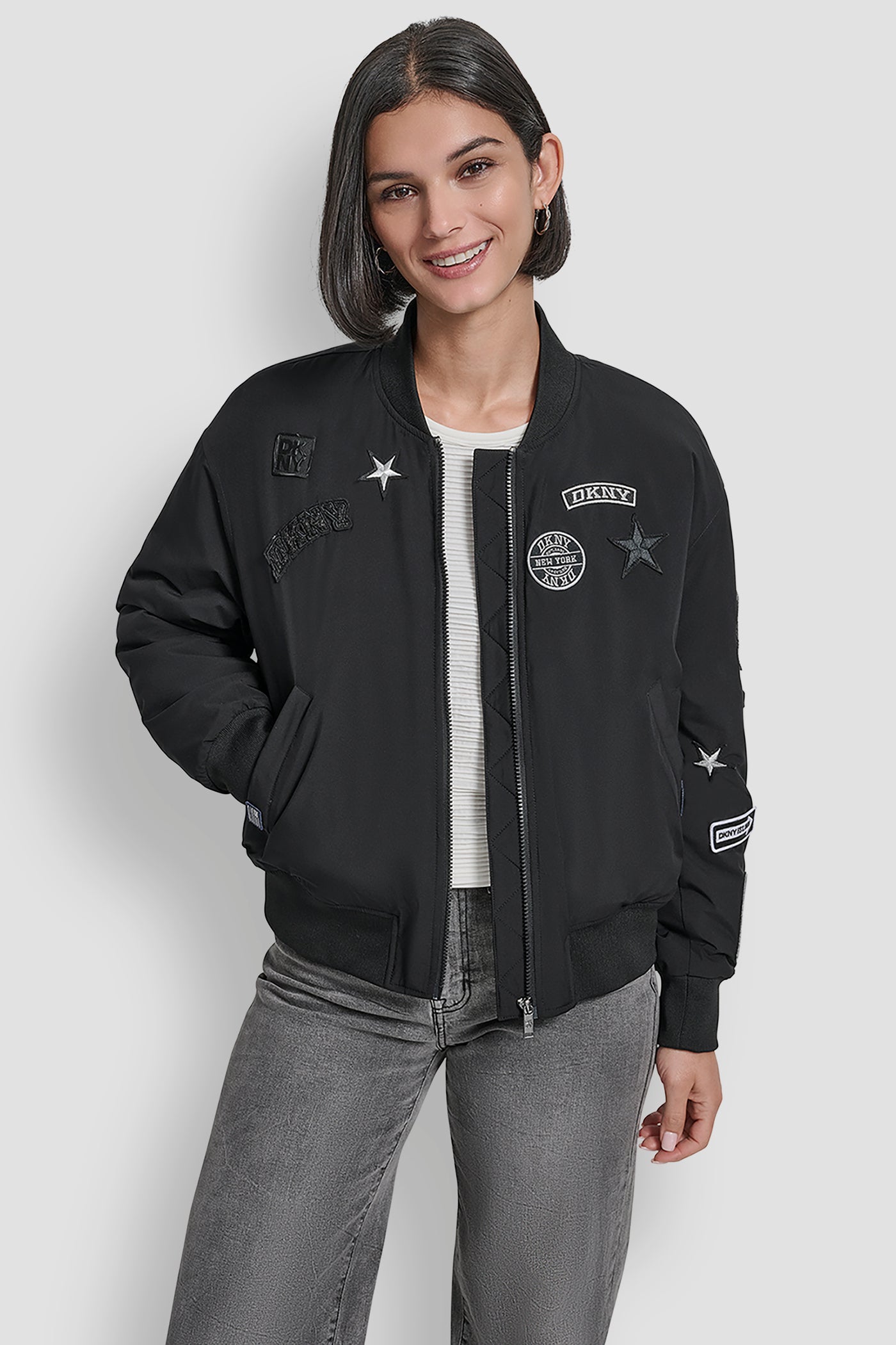 Black LONG SLEEVE NYLON PINS AND PATCHES BOMBER JACKET, FRONT VIEW | WOMENS COATS & JACKETS