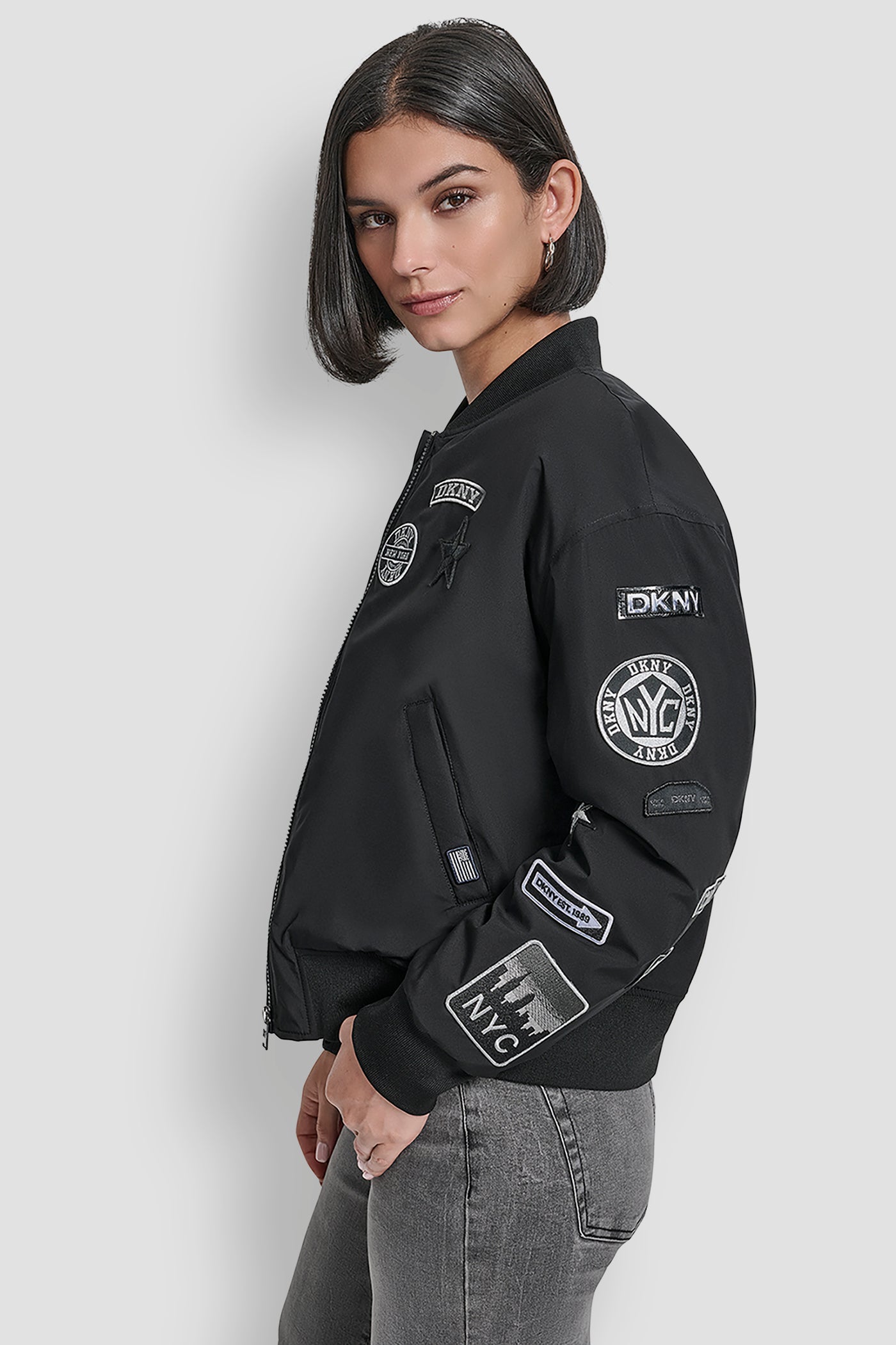 LONG SLEEVE NYLON PINS AND PATCHES BOMBER JACKET VIEW 3 | WOMENS COATS & JACKETS