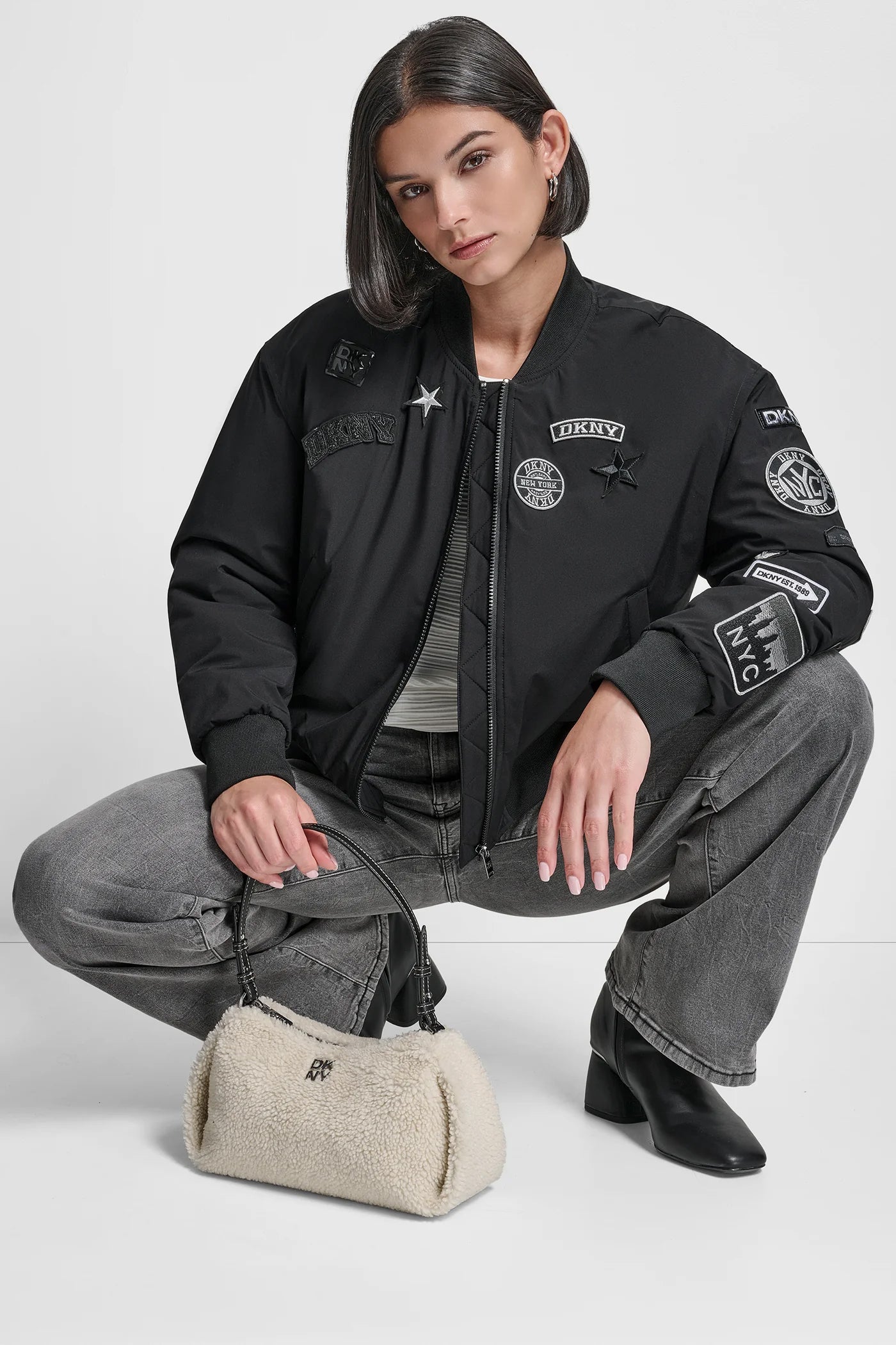 Black LONG SLEEVE NYLON PINS AND PATCHES BOMBER JACKET, VIEW 1 | Back-To-School Shop