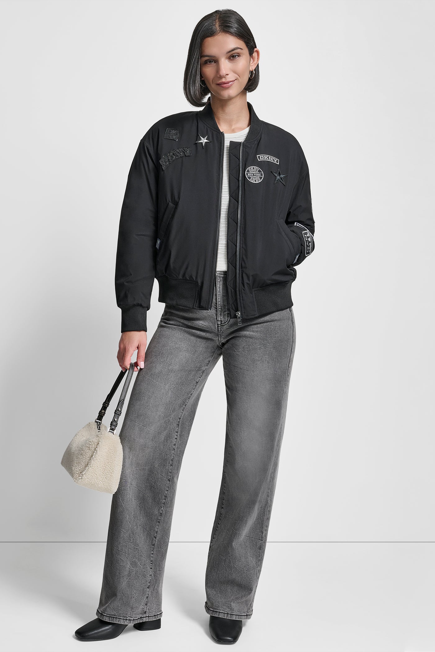 LONG SLEEVE NYLON PINS AND PATCHES BOMBER JACKET VIEW 7 | WOMENS COATS & JACKETS