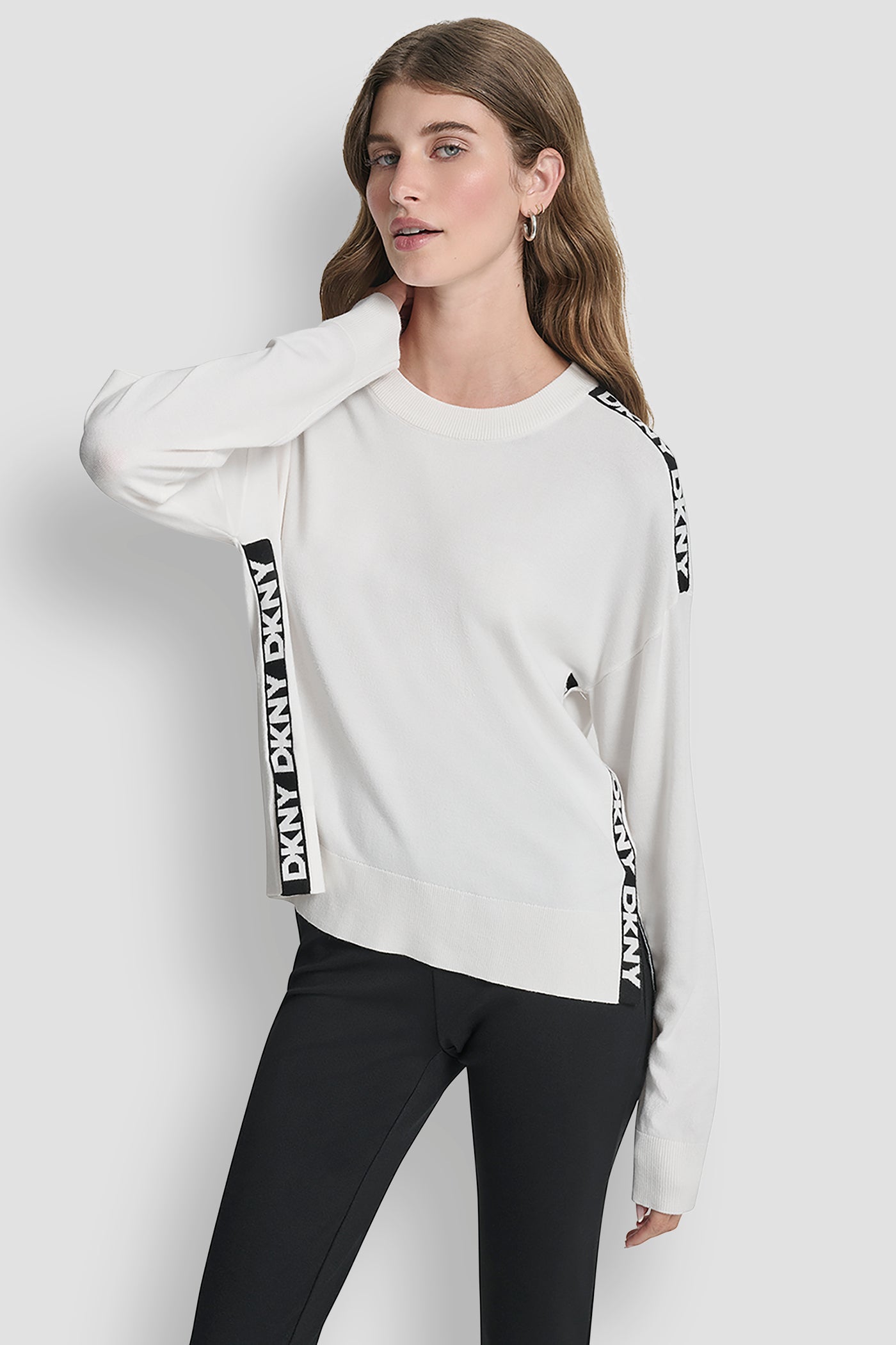 IVORY LONG SLEEVE LOGO TAPE SWEATER, FRONT VIEW | Clothing