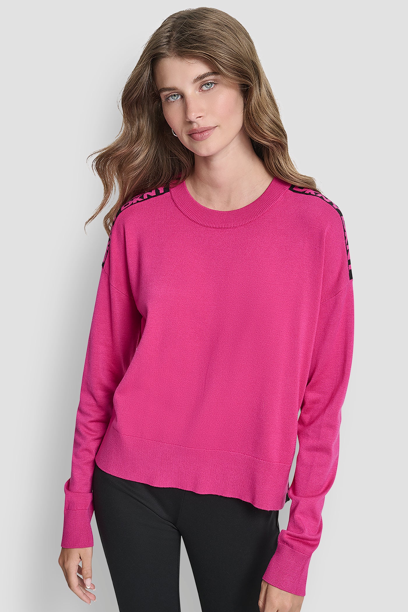 FESTIVE PINK LONG SLEEVE LOGO TAPE SWEATER, FRONT VIEW | Back-To-School Shop