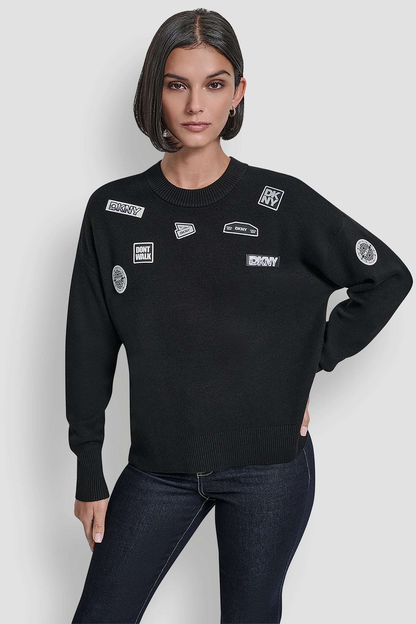 Black PINS AND PATCHES SWEATER, FRONT VIEW | WOMEN'S SWEATERS & TOPS
