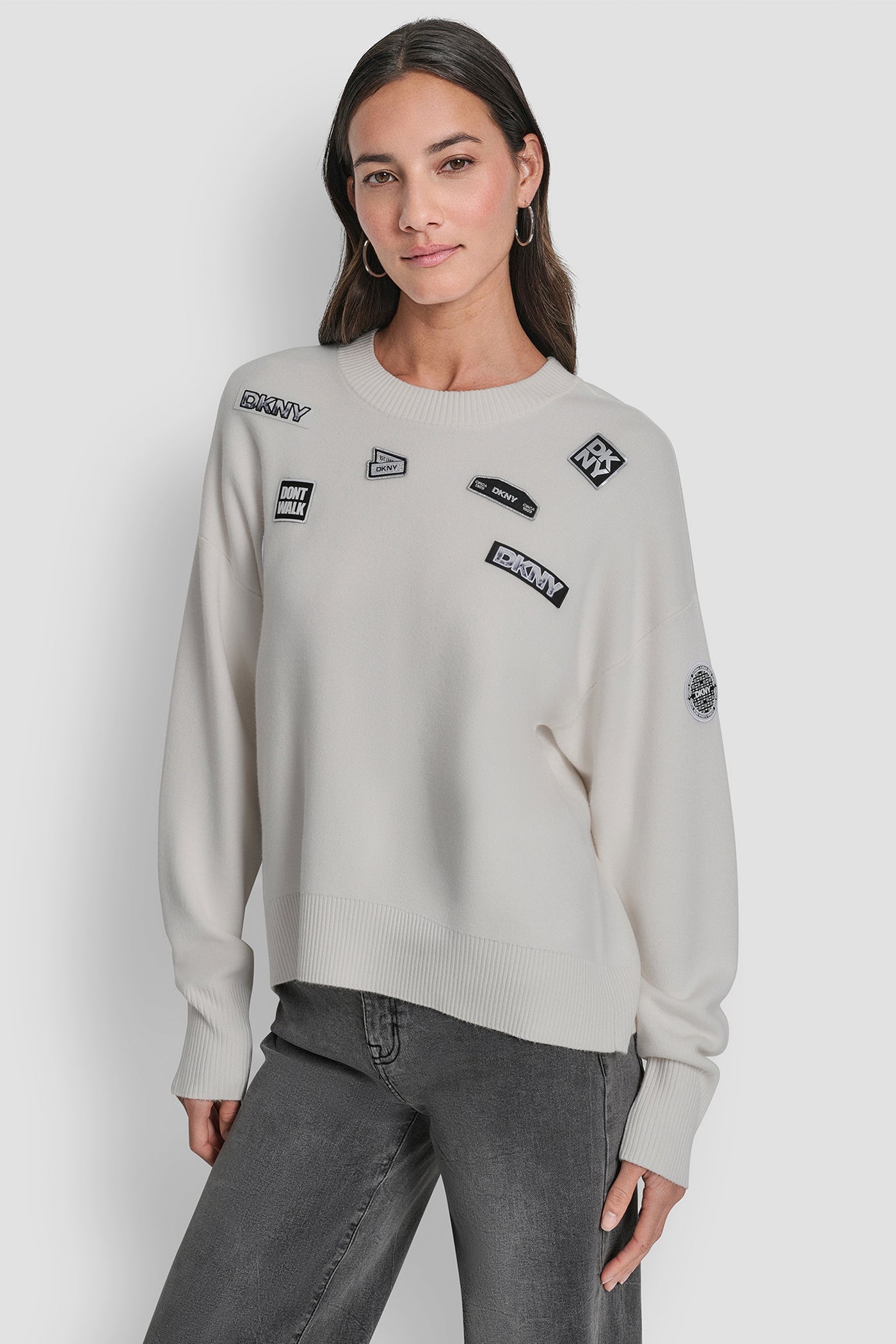 IVORY PINS AND PATCHES SWEATER, FRONT VIEW | New clothing