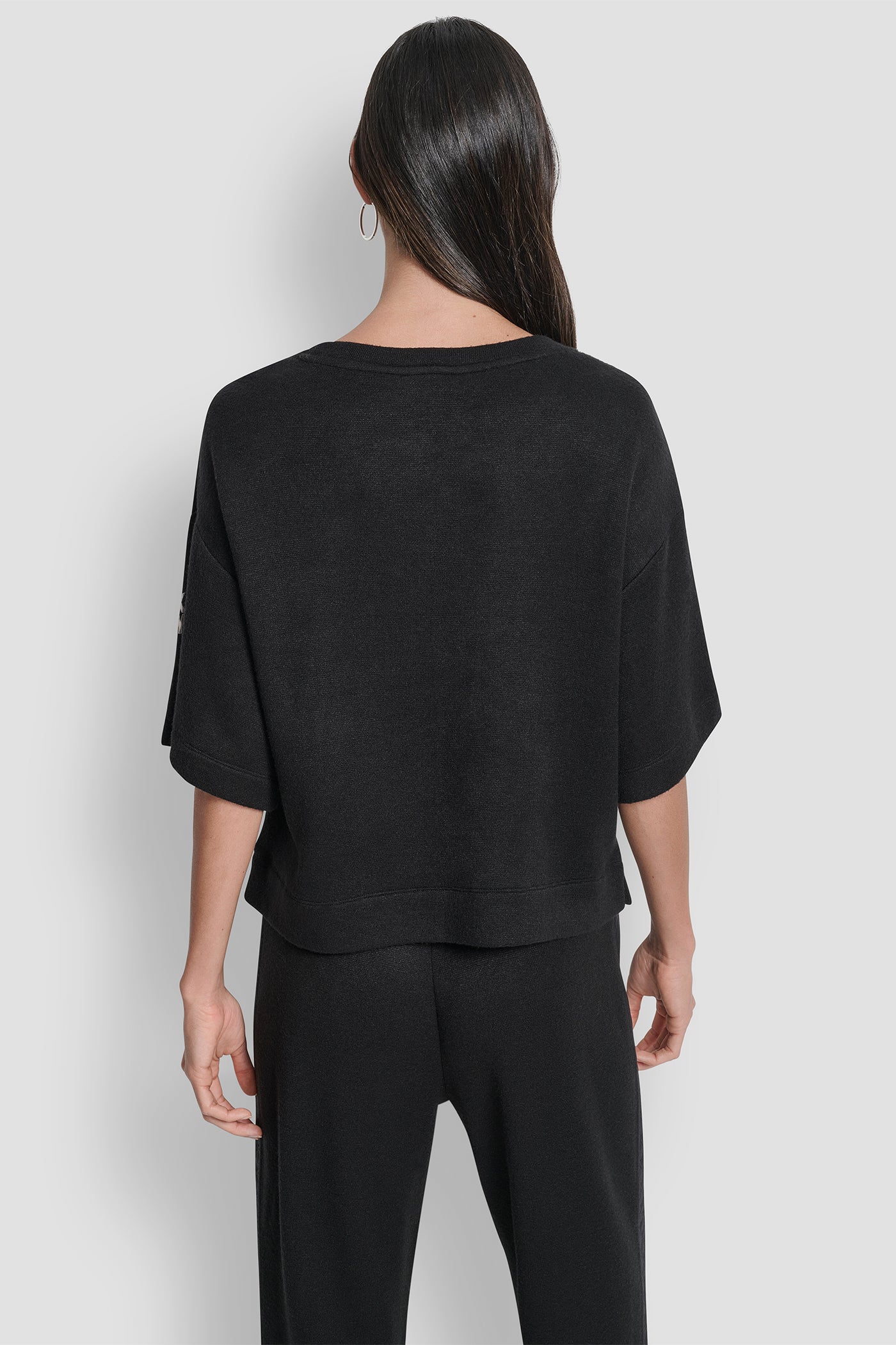 BLACK/BLACK SOFT STRUCTURE SHORT SLEEVE KNIT TOP, BACK VIEW | WOMEN'S SWEATERS & TOPS