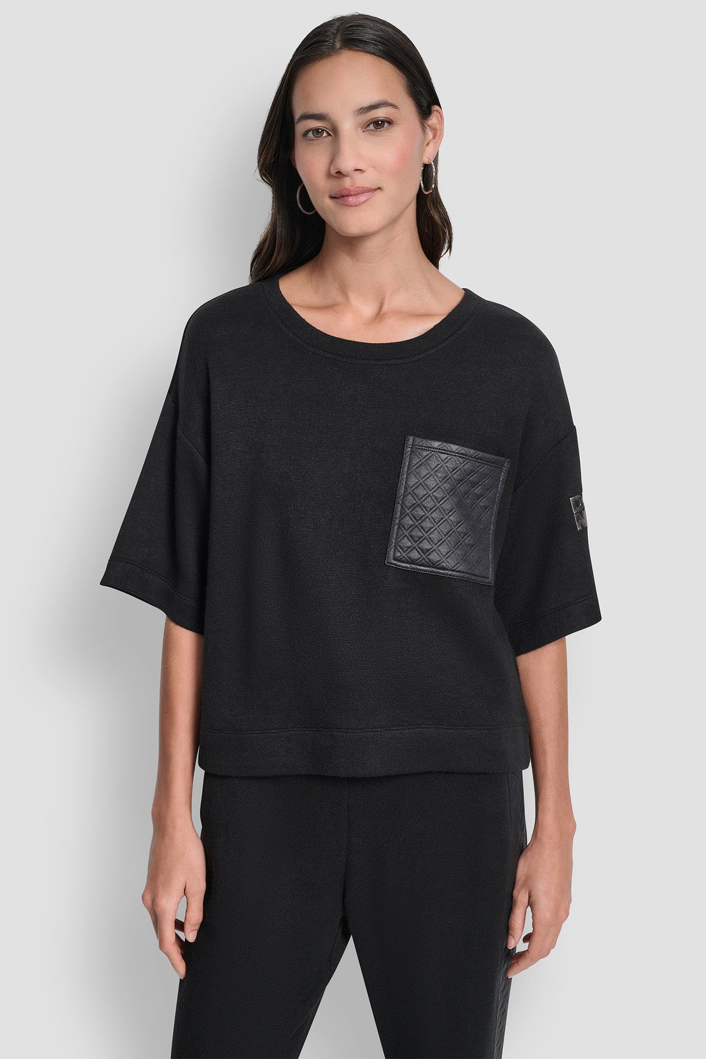 BLACK/BLACK SOFT STRUCTURE SHORT SLEEVE KNIT TOP, FRONT VIEW | WOMEN'S SWEATERS & TOPS
