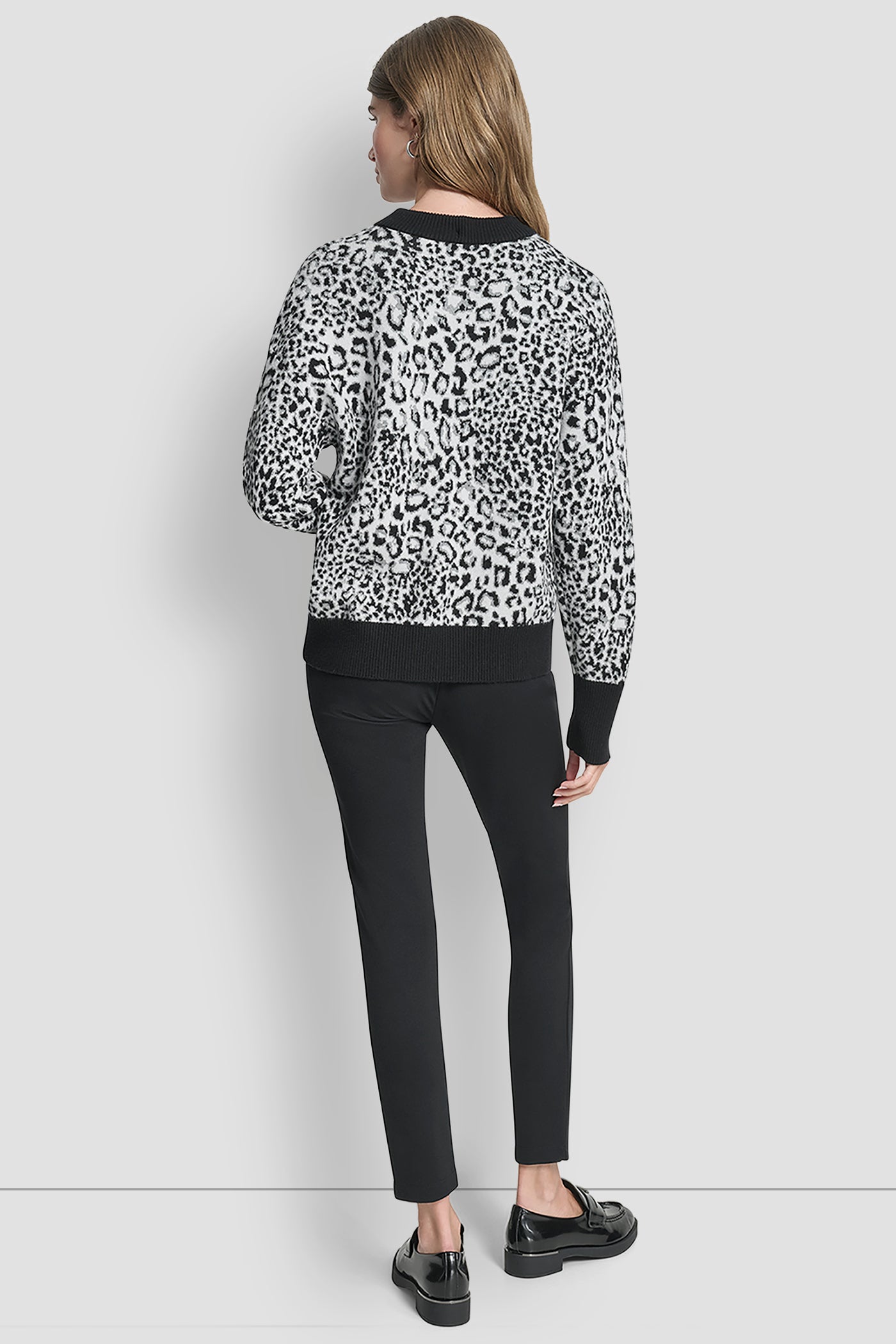 BLACK/ IVORY LEOPARD LOGO KNIT SWEATER, BACK VIEW | Clothing