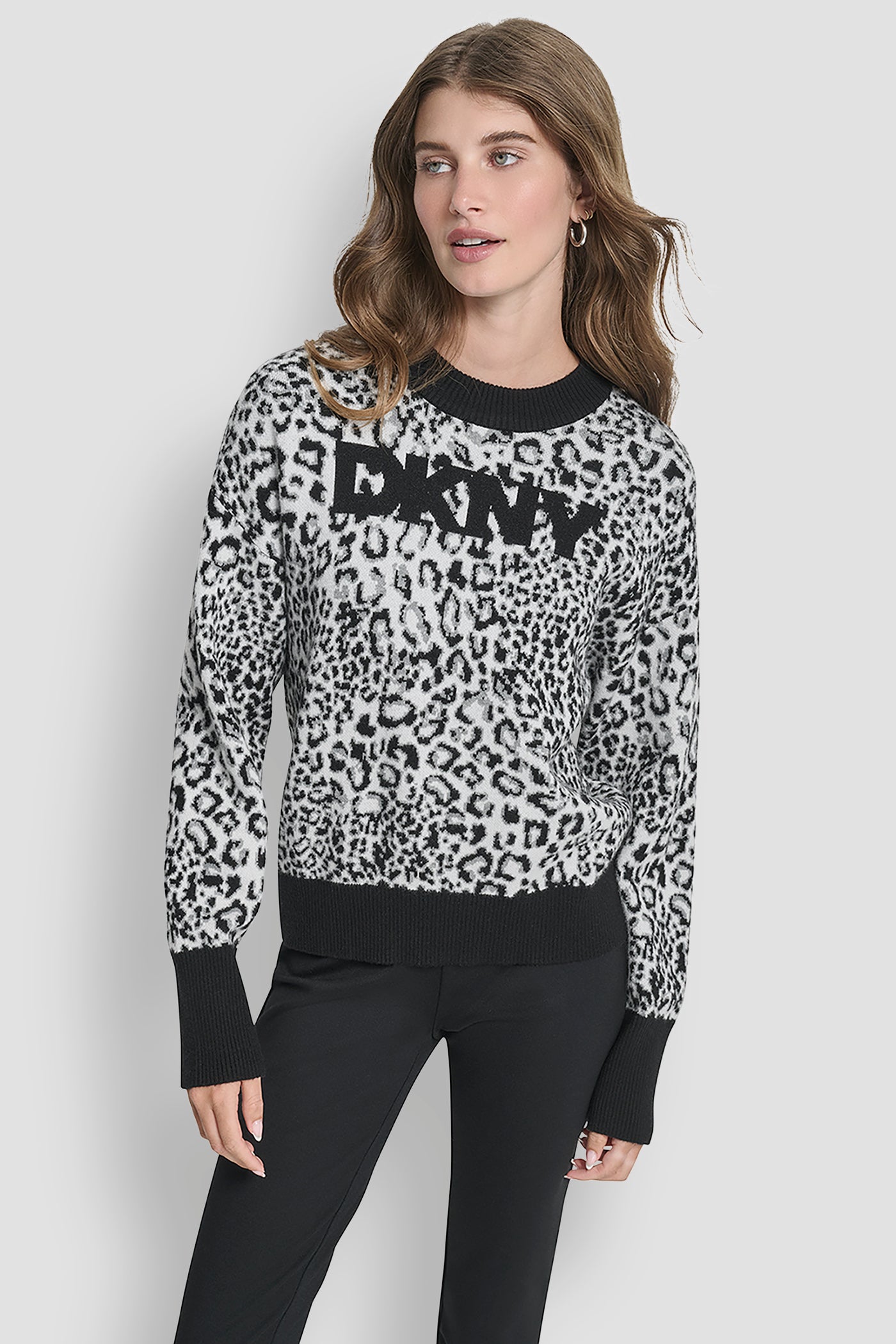 BLACK/ IVORY LEOPARD LOGO KNIT SWEATER, FRONT VIEW | Clothing