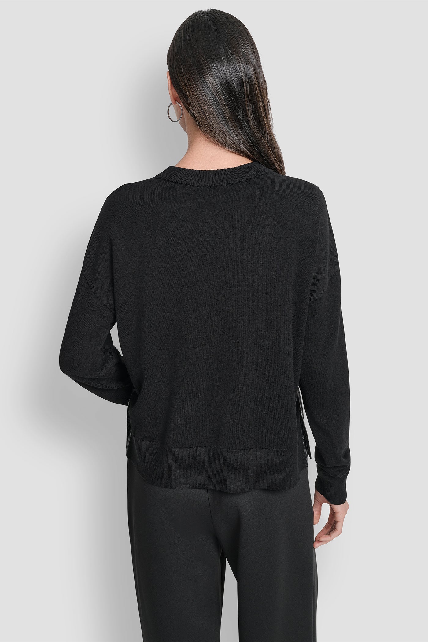 BLACK/GRAPHITE HEATHER LONG SLEEVE LOGO TAPE LUREX SWEATER, BACK VIEW | DKNY Promo