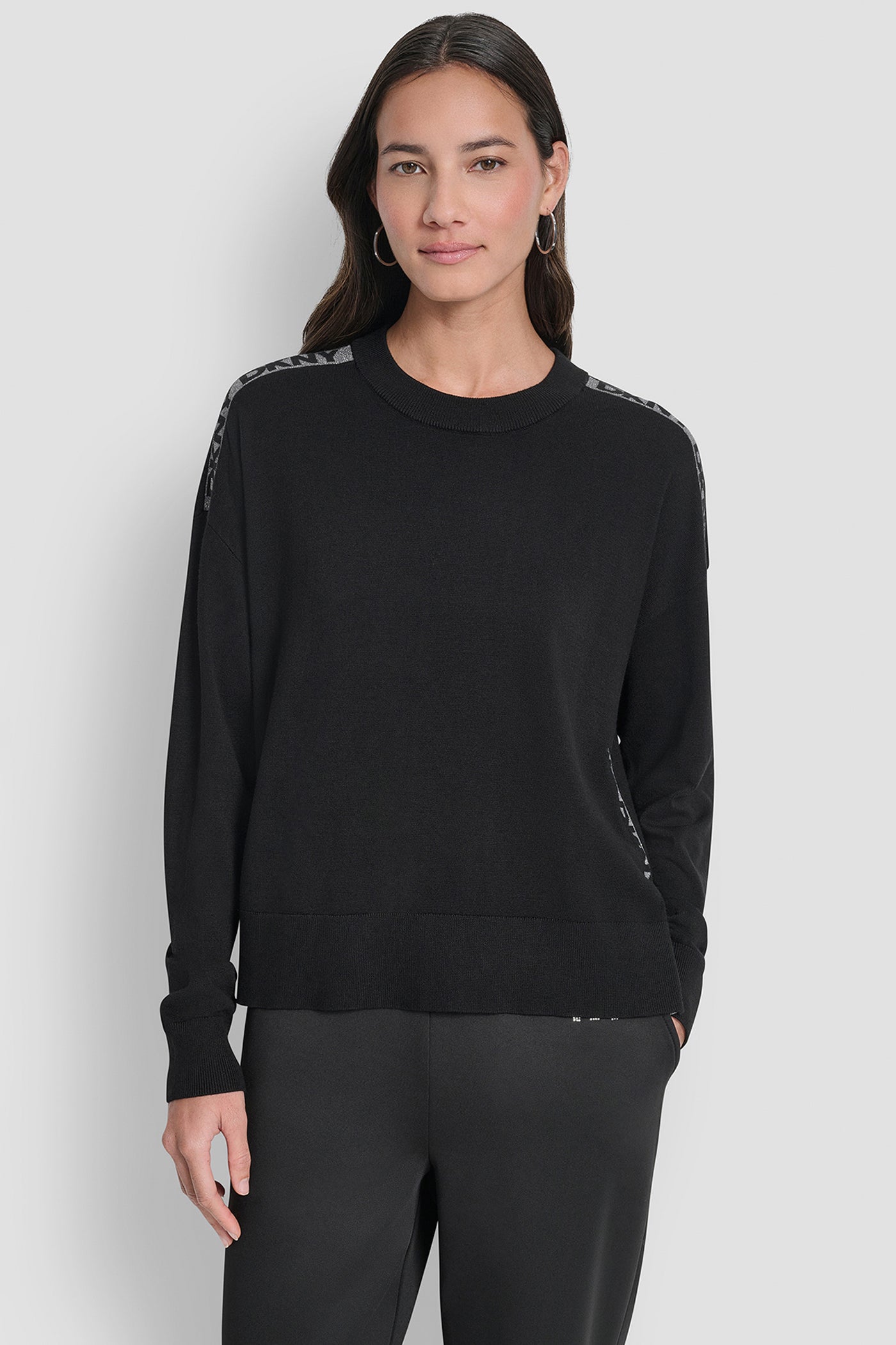 BLACK/GRAPHITE HEATHER LONG SLEEVE LOGO TAPE LUREX SWEATER, FRONT VIEW | DKNY Promo