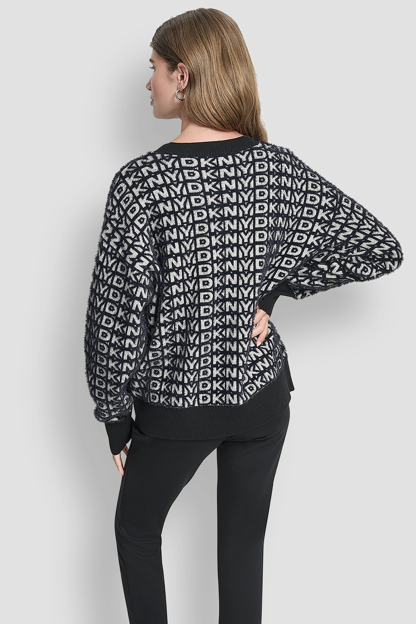 BLACK/IVORY FUR ALL OVER LOGO SWEATER, VIEW 2 | DKNY Promo