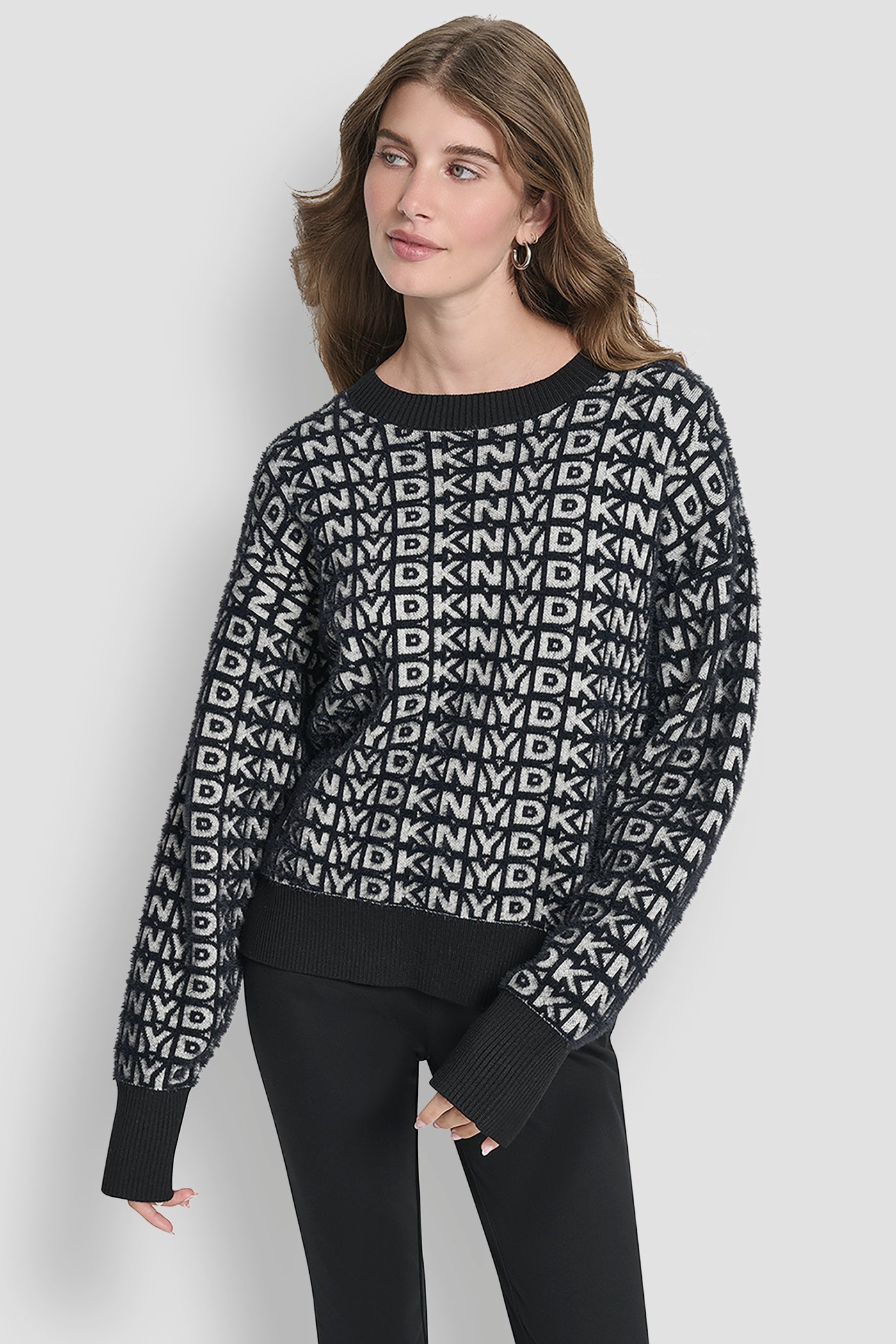 BLACK/IVORY FUR ALL OVER LOGO SWEATER, VIEW 1 | DKNY Promo