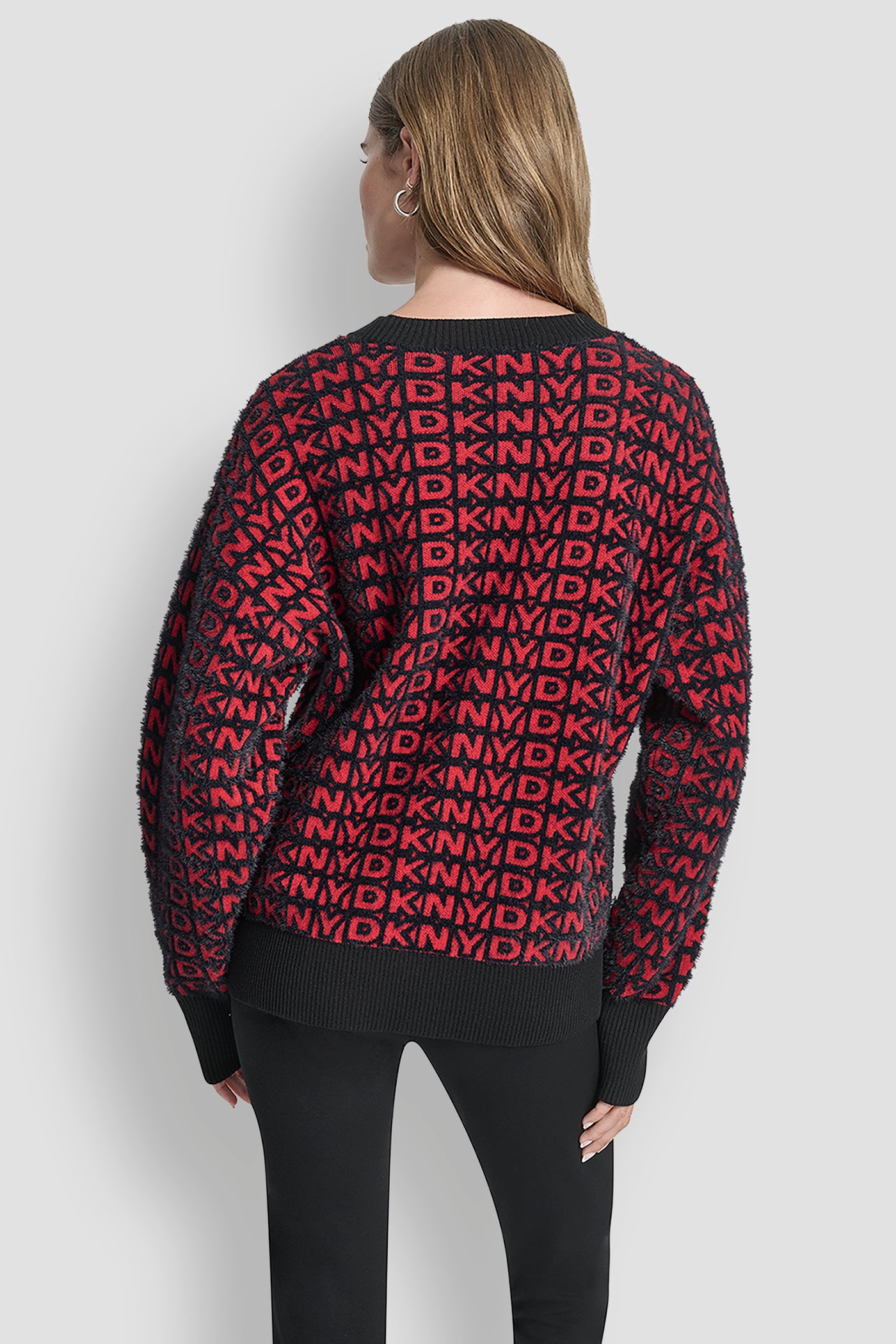 BLACK/CITY CRIMSON FUR ALL OVER LOGO SWEATER, BACK VIEW | DKNY Promo