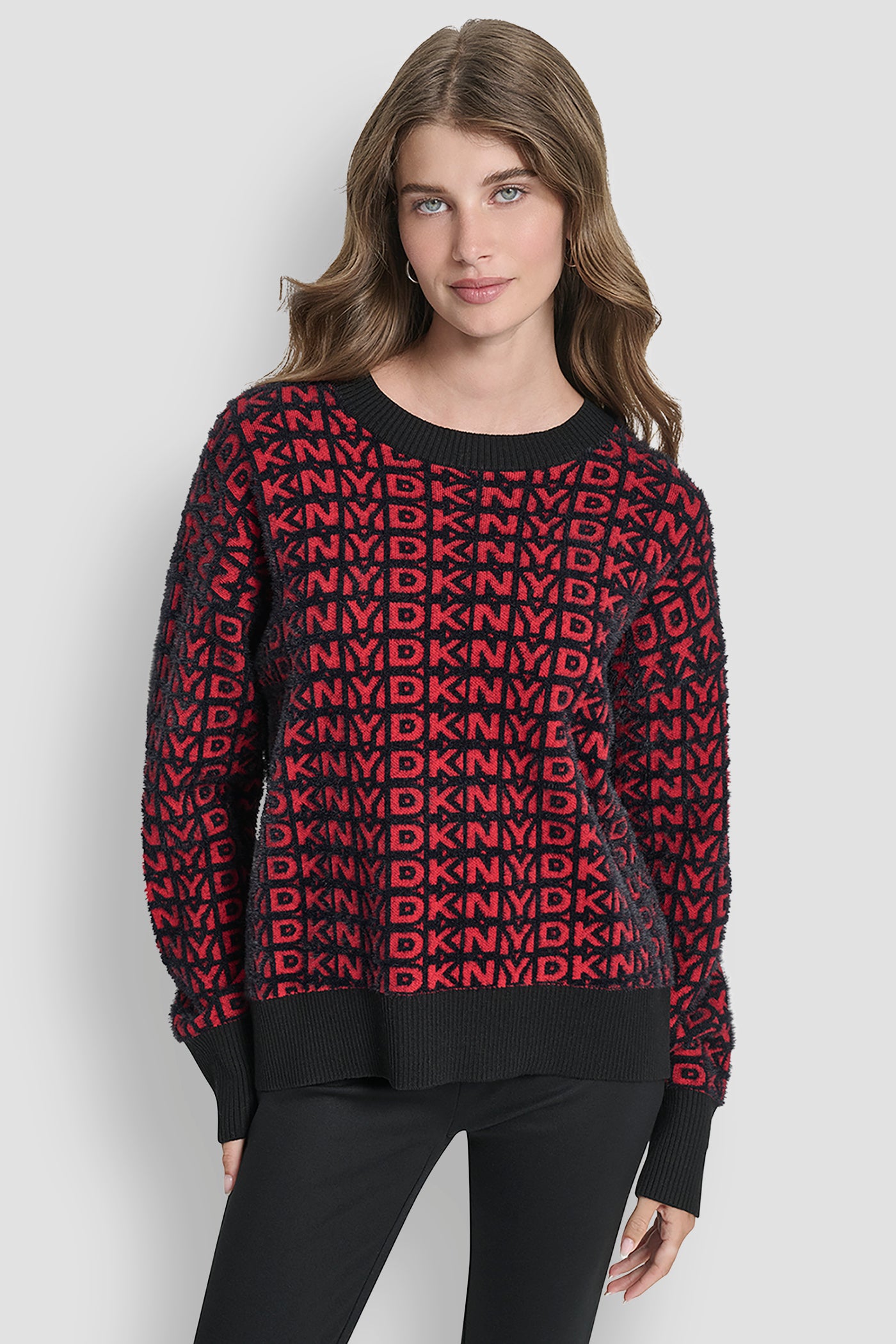 BLACK/CITY CRIMSON FUR ALL OVER LOGO SWEATER, FRONT VIEW | DKNY Promo