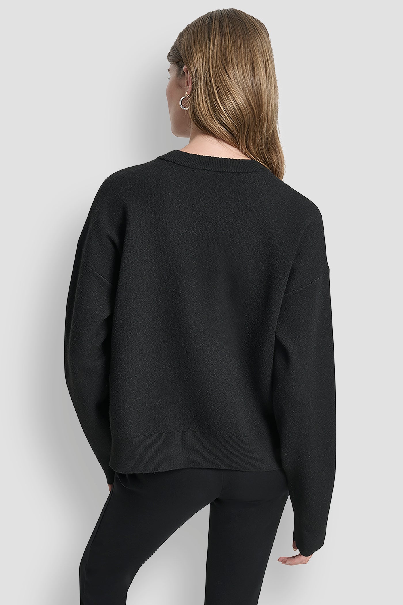 BLACK/IVORY LONG SLEEVE LARGE COLORBLOCK LOGO SWEATER, BACK VIEW | WOMEN'S SWEATERS & TOPS