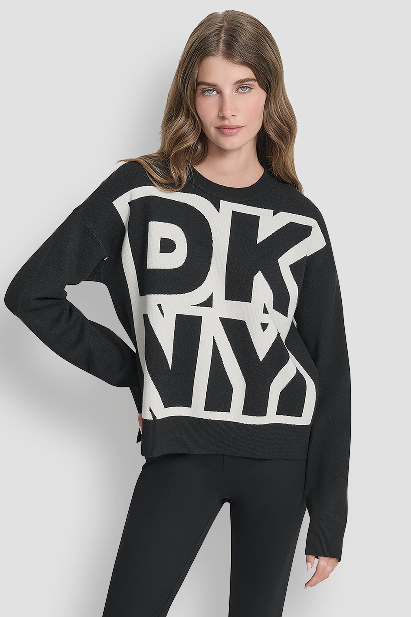 BLACK/IVORY LONG SLEEVE LARGE COLORBLOCK LOGO SWEATER, FRONT VIEW | WOMEN'S SWEATERS & TOPS