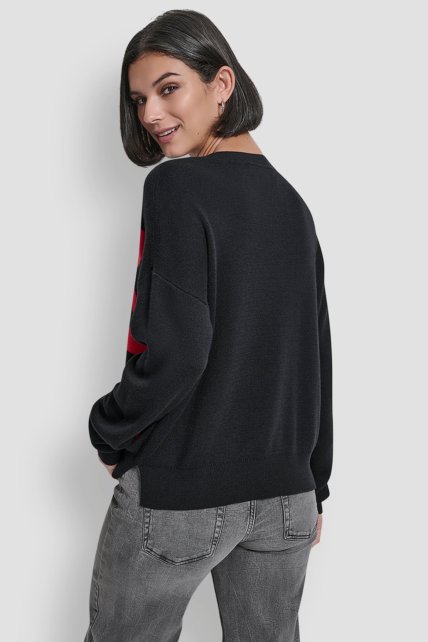 Black/City Crimson LARGE COLORBLOCK LOGO SWEATER, BACK VIEW | WOMEN'S SWEATERS & TOPS