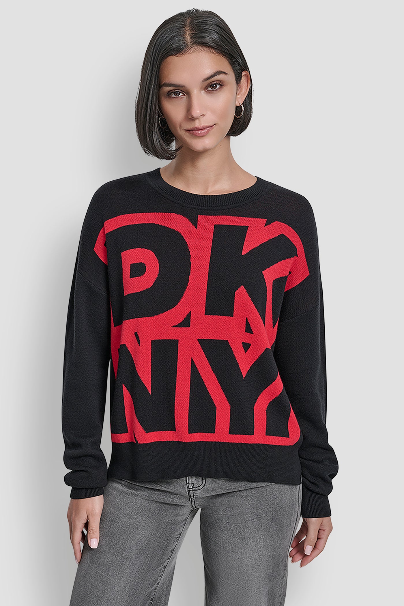 Black/City Crimson LARGE COLORBLOCK LOGO SWEATER, FRONT VIEW | WOMEN'S SWEATERS & TOPS