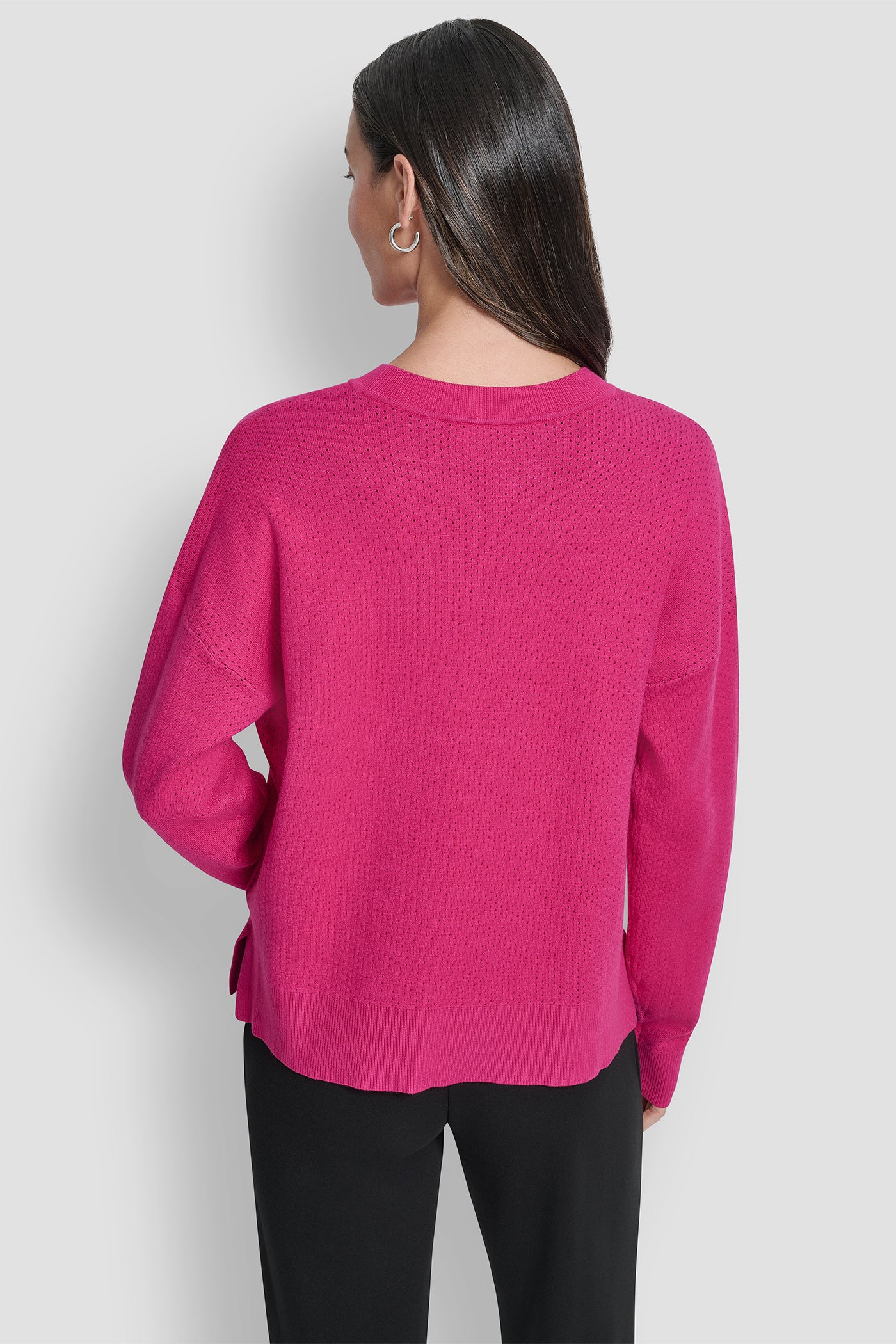 FUCHSIA ESSENTIAL PULLOVER SWEATER, BACK VIEW | WOMEN'S SWEATERS & TOPS