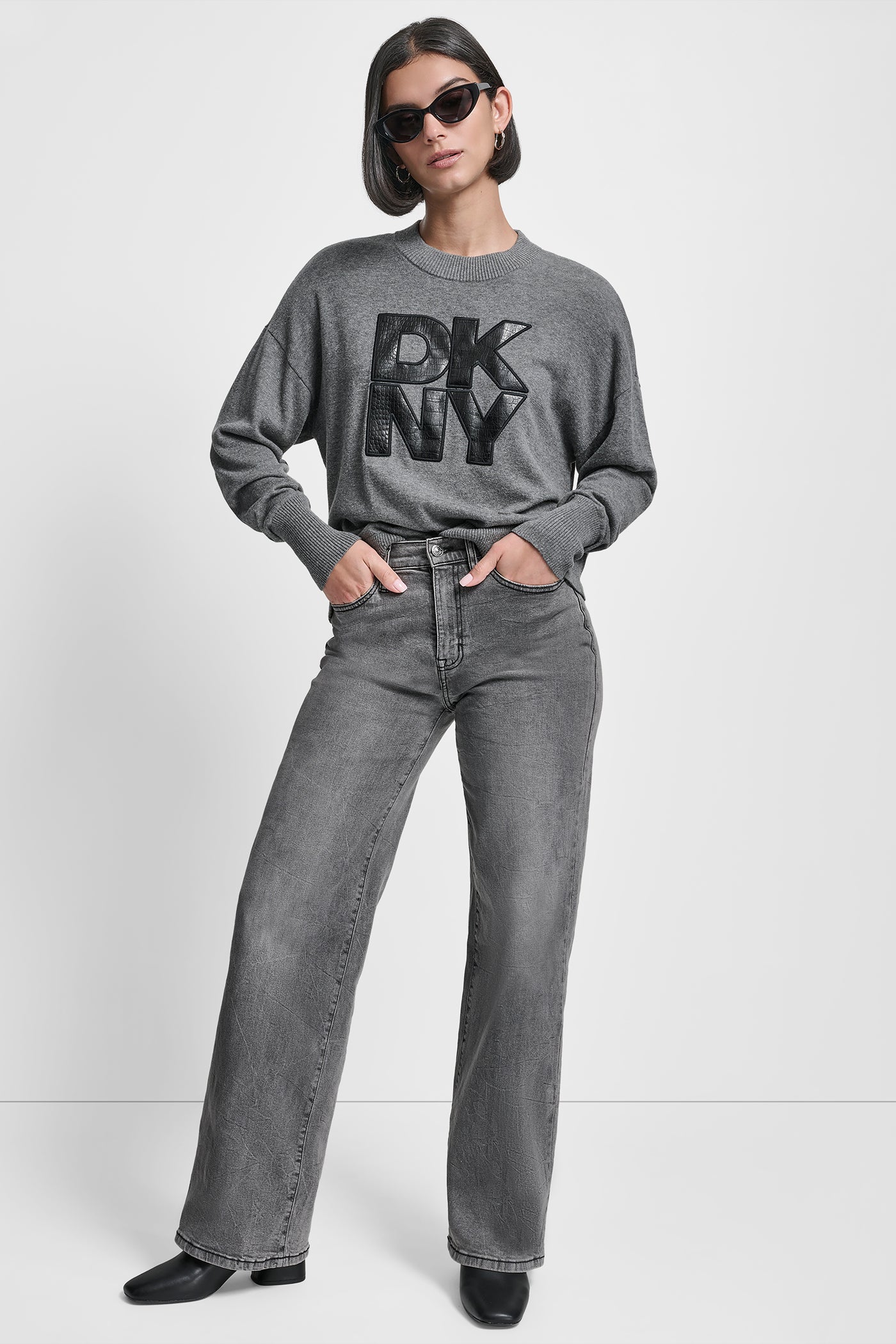 Graphite Heather CROC PATCH LOGO SWEATER, VIEW 1 | DKNY25