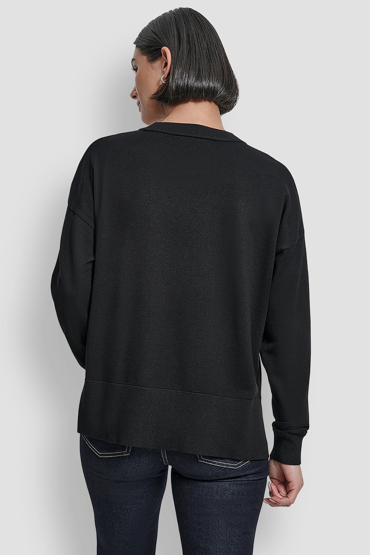 Black LONG SLEEVE GLITTER LOGO PULLOVER SWEATER, BACK VIEW | WOMEN'S SWEATERS & TOPS