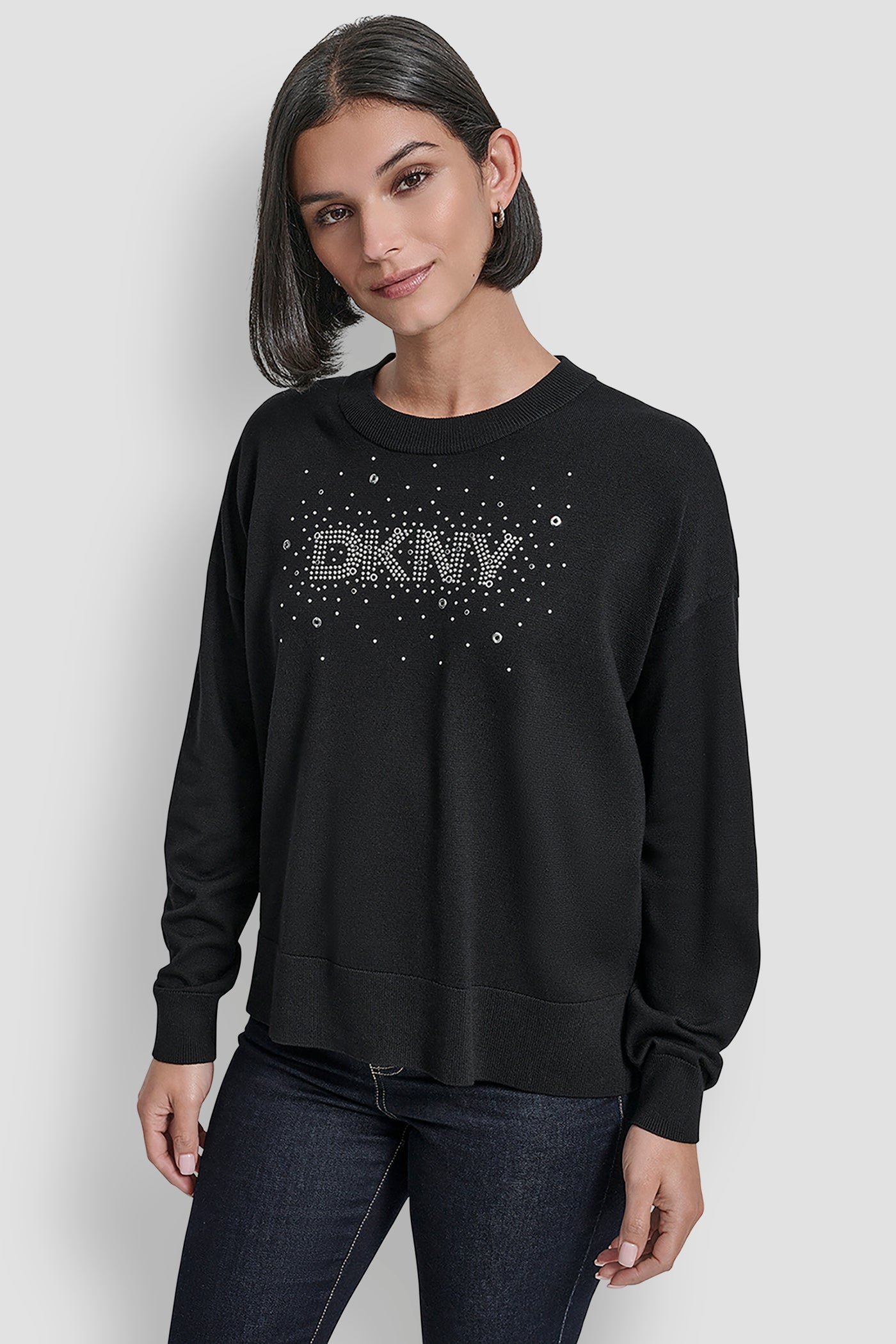 Black LONG SLEEVE GLITTER LOGO PULLOVER SWEATER, FRONT VIEW | WOMEN'S SWEATERS & TOPS