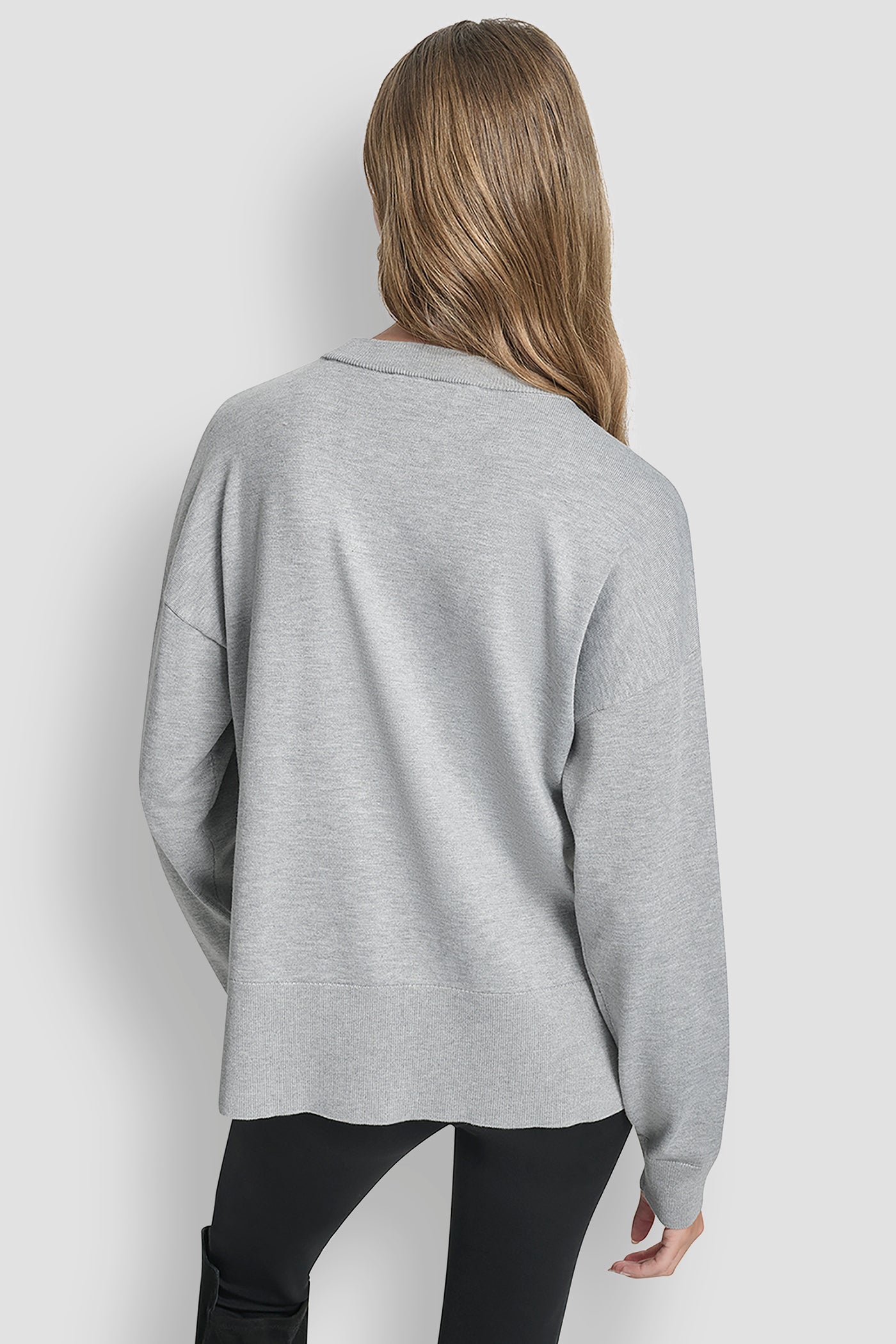 Grey LONG SLEEVE GLITTER LOGO PULLOVER SWEATER, BACK VIEW | WOMEN'S SWEATERS & TOPS