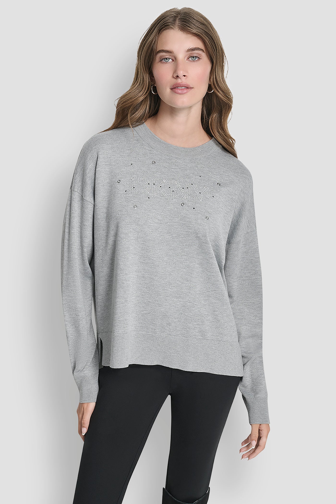 Grey LONG SLEEVE GLITTER LOGO PULLOVER SWEATER, FRONT VIEW | WOMEN'S SWEATERS & TOPS