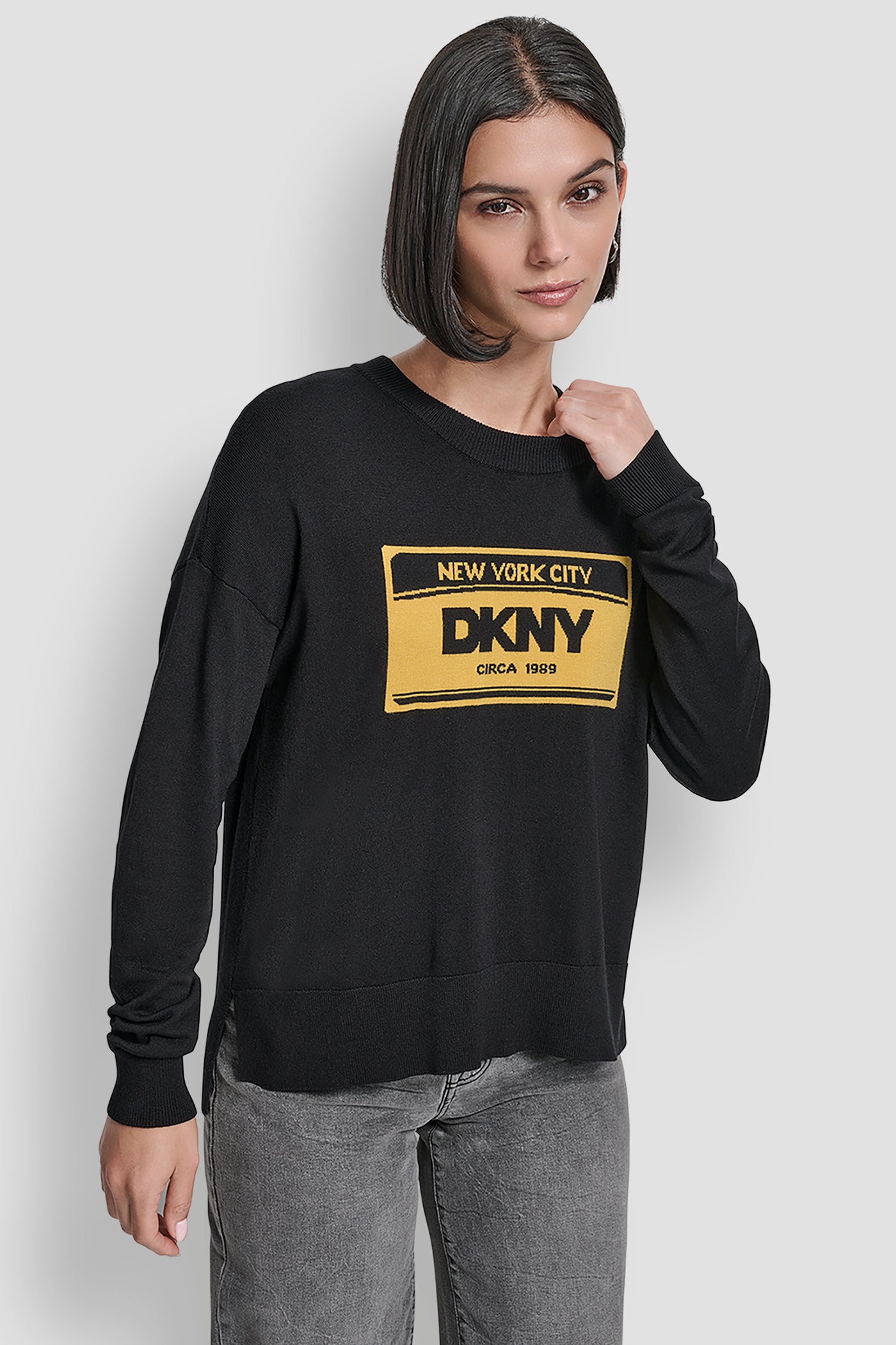 BLACK/SUNSET YELLOW LONG SLEEVE LICENSE PLATE LOGO SWEATER, FRONT VIEW | New Arrivals