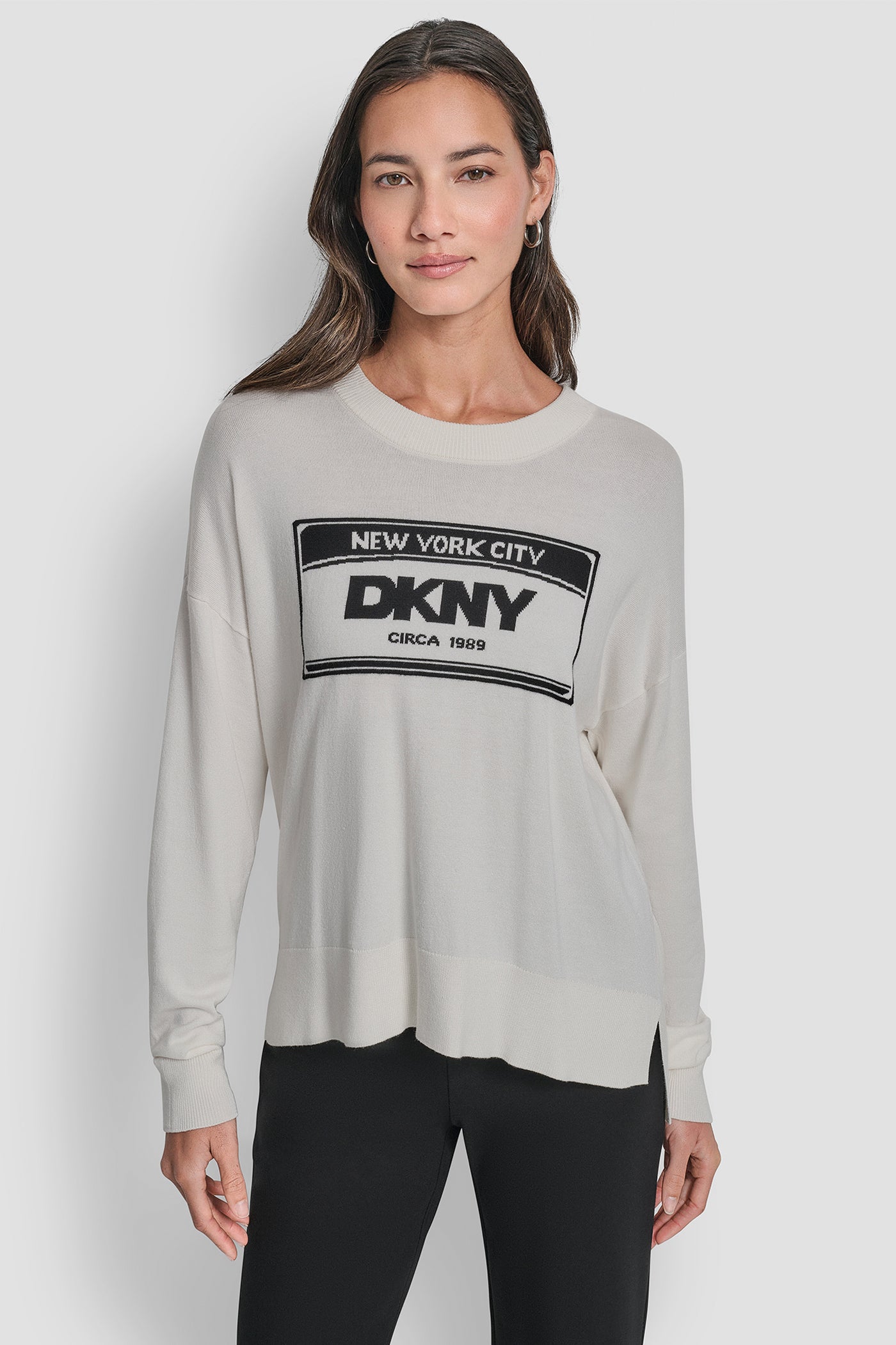 Ivory/Black LONG SLEEVE LICENSE PLATE LOGO SWEATER, FRONT VIEW | New Arrivals