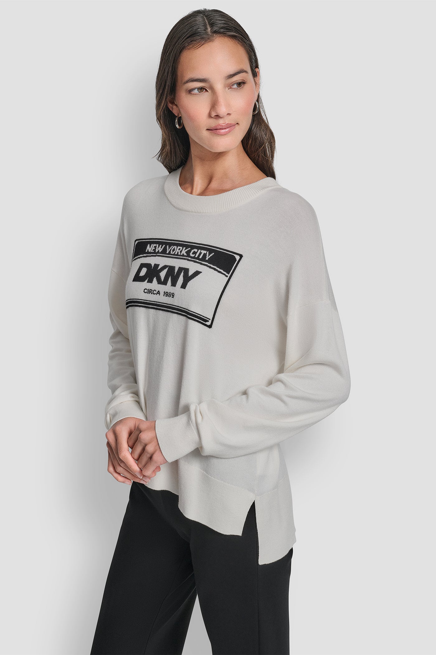 Ivory/Black LONG SLEEVE LICENSE PLATE LOGO SWEATER, BACK VIEW | New Arrivals