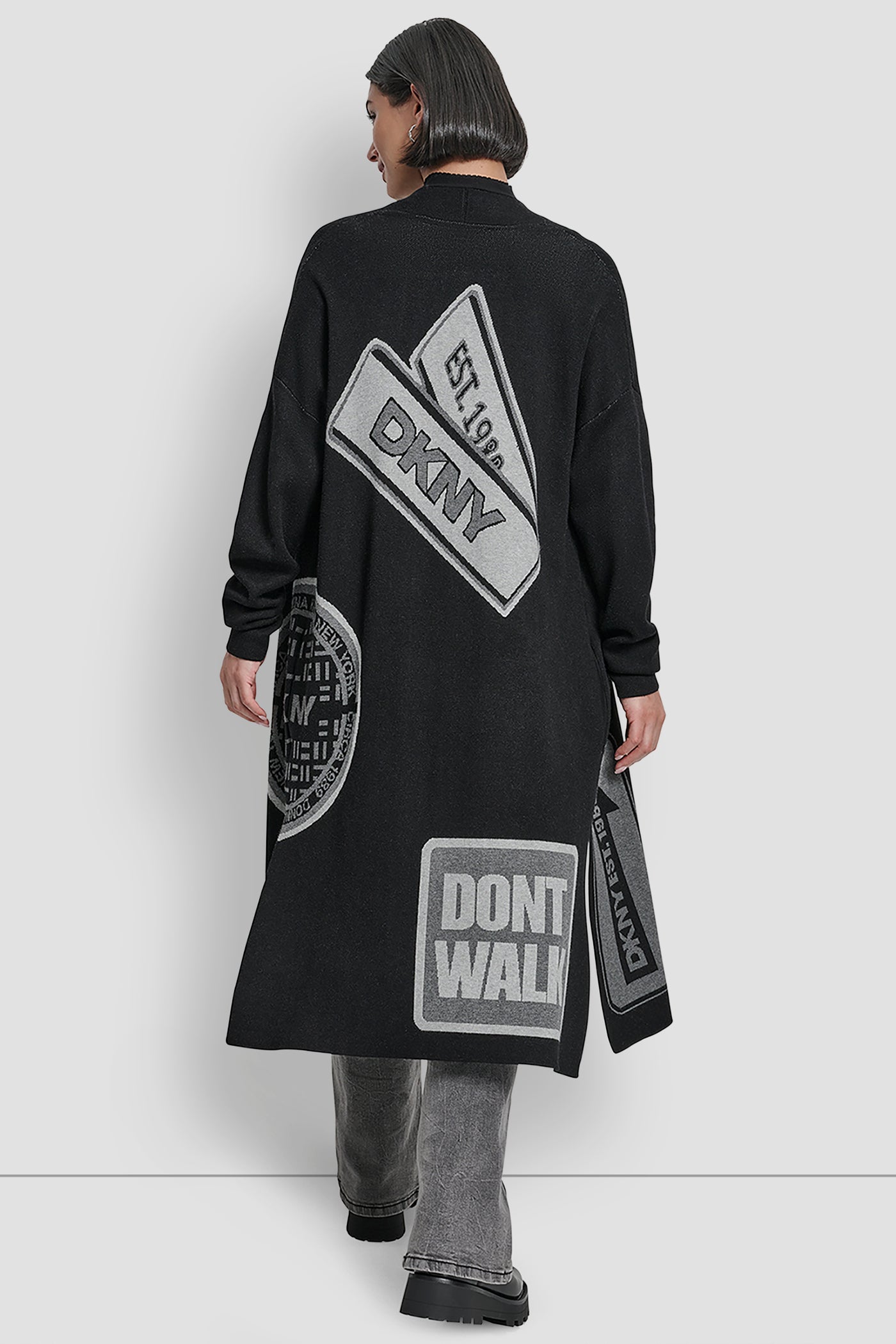 Black LONG SLEEVE OVERSIZED PATCH CARDIGAN SWEATER, BACK VIEW | 9-5 Edit