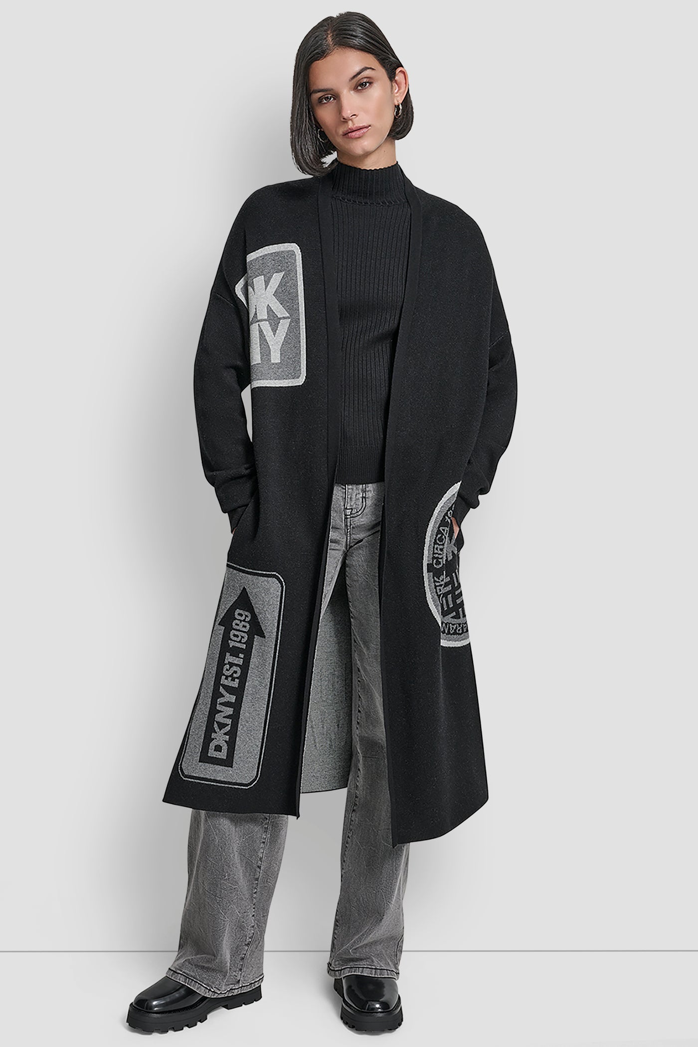 Black LONG SLEEVE OVERSIZED PATCH CARDIGAN SWEATER, FRONT VIEW | 9-5 Edit