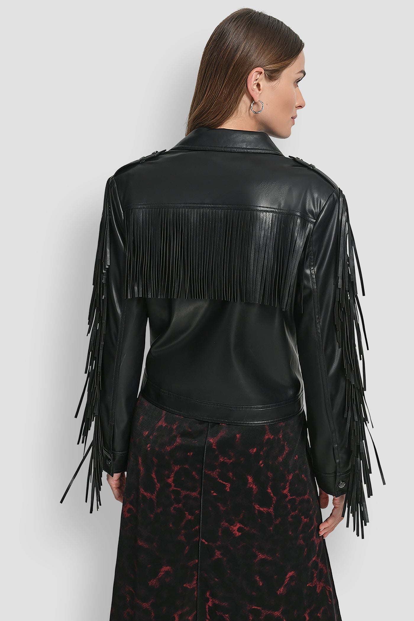 Black LONG SLEEEVE FRINGE CROP JACKET, BACK VIEW | Back-To-School Shop