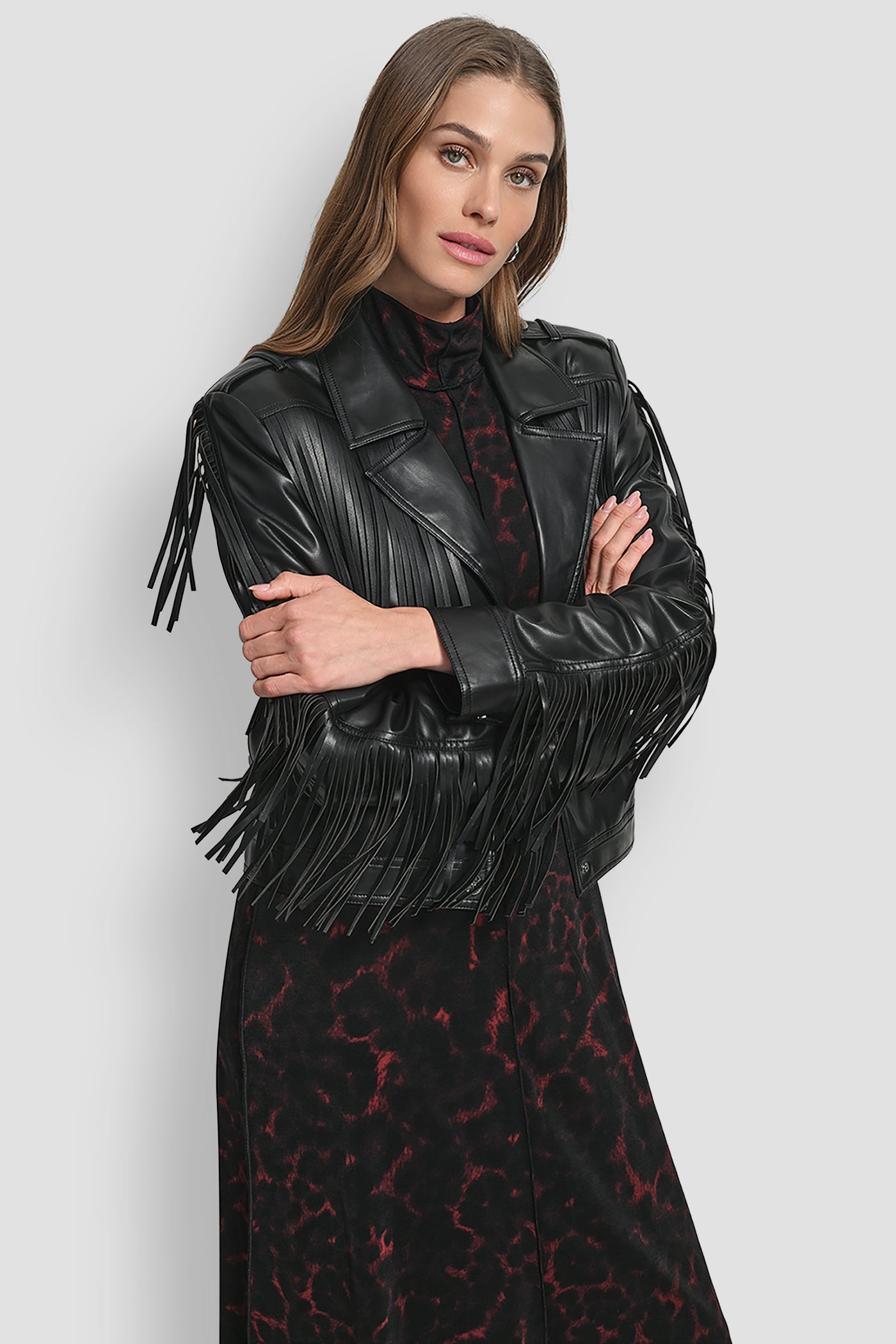Black LONG SLEEEVE FRINGE CROP JACKET, FRONT VIEW | Back-To-School Shop