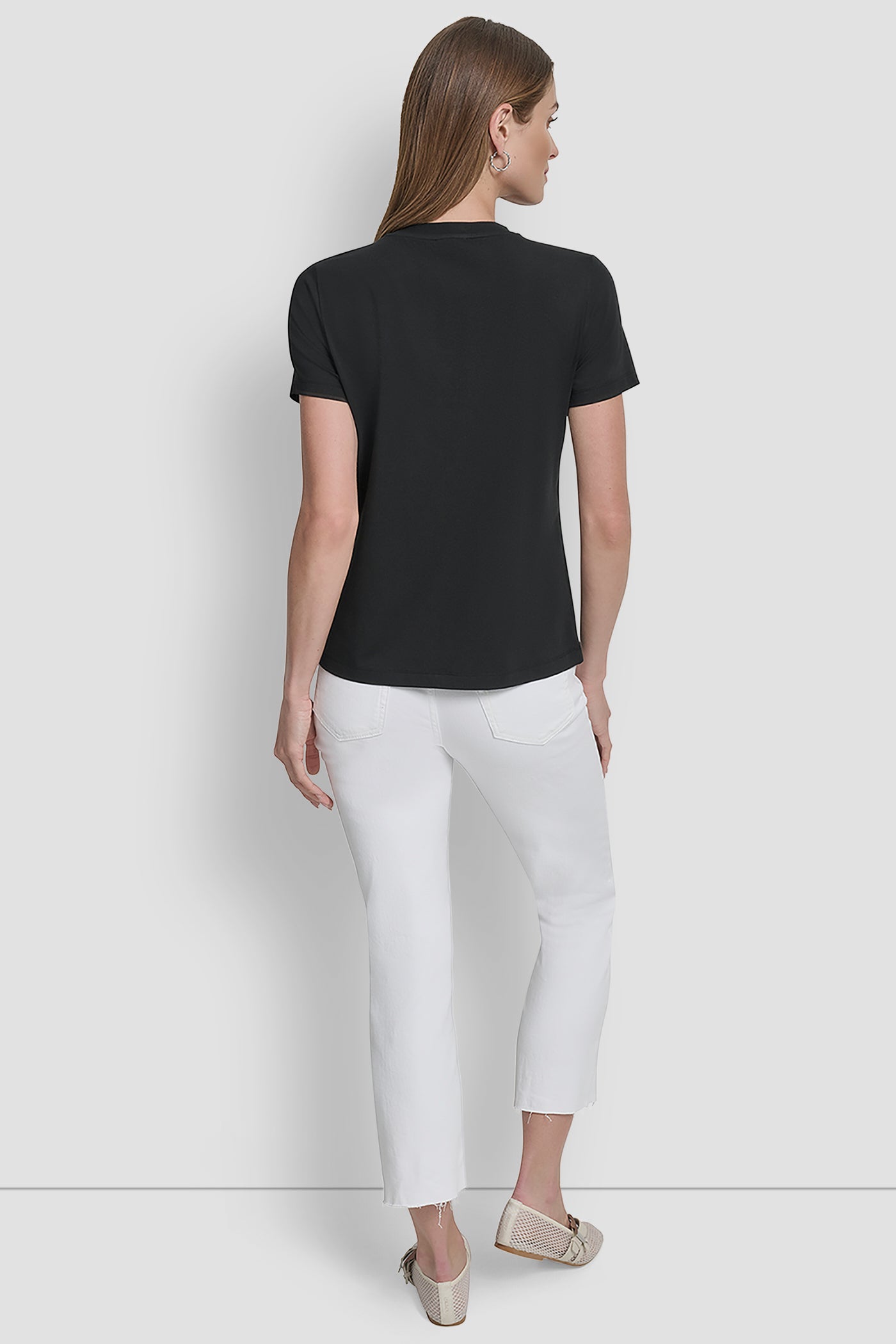 Black SHORT SLEEVE SOFT STRECH CREWNECK TEE, BACK VIEW | DKNY Promo