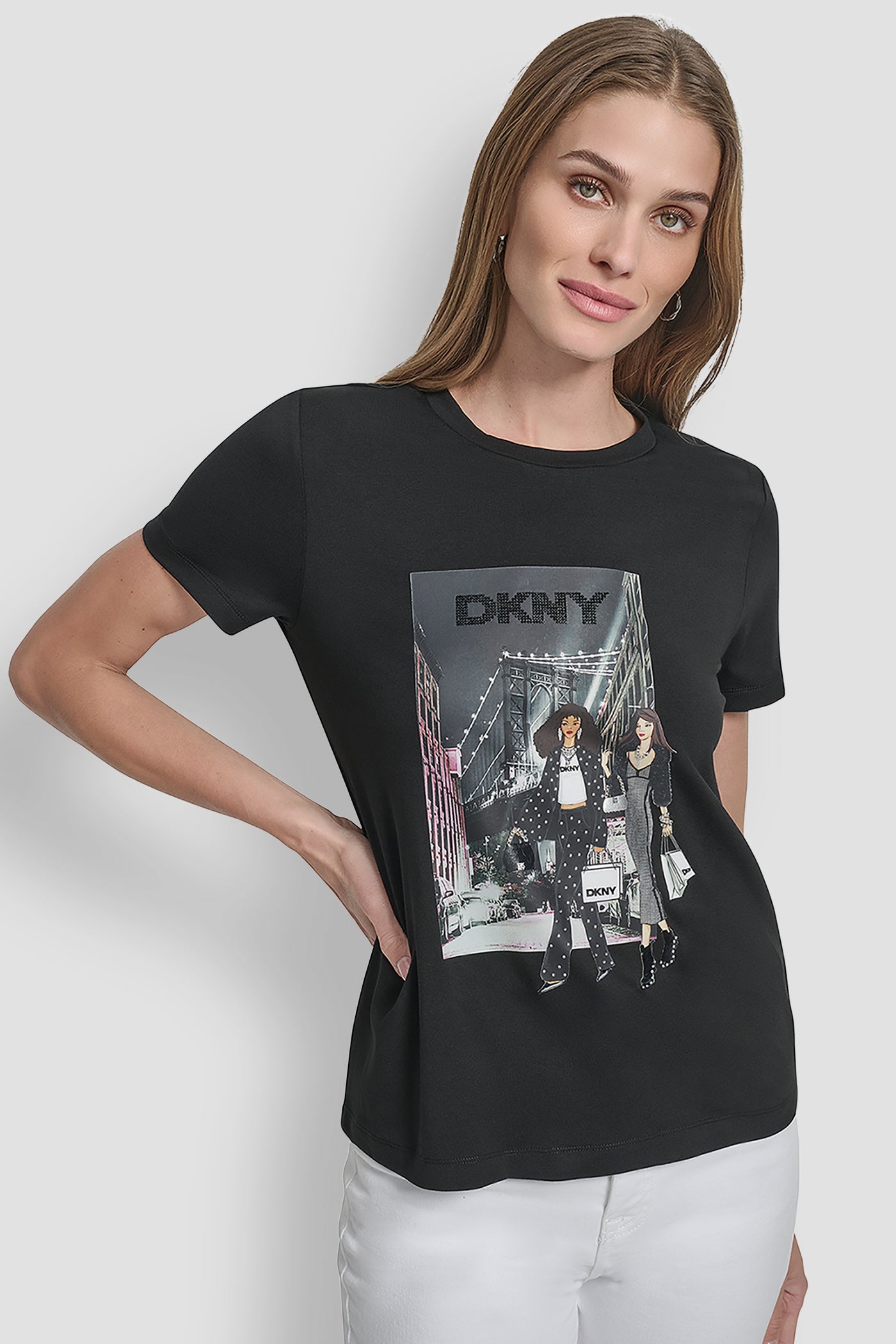 Black SHORT SLEEVE SOFT STRECH CREWNECK TEE, FRONT VIEW | DKNY Promo