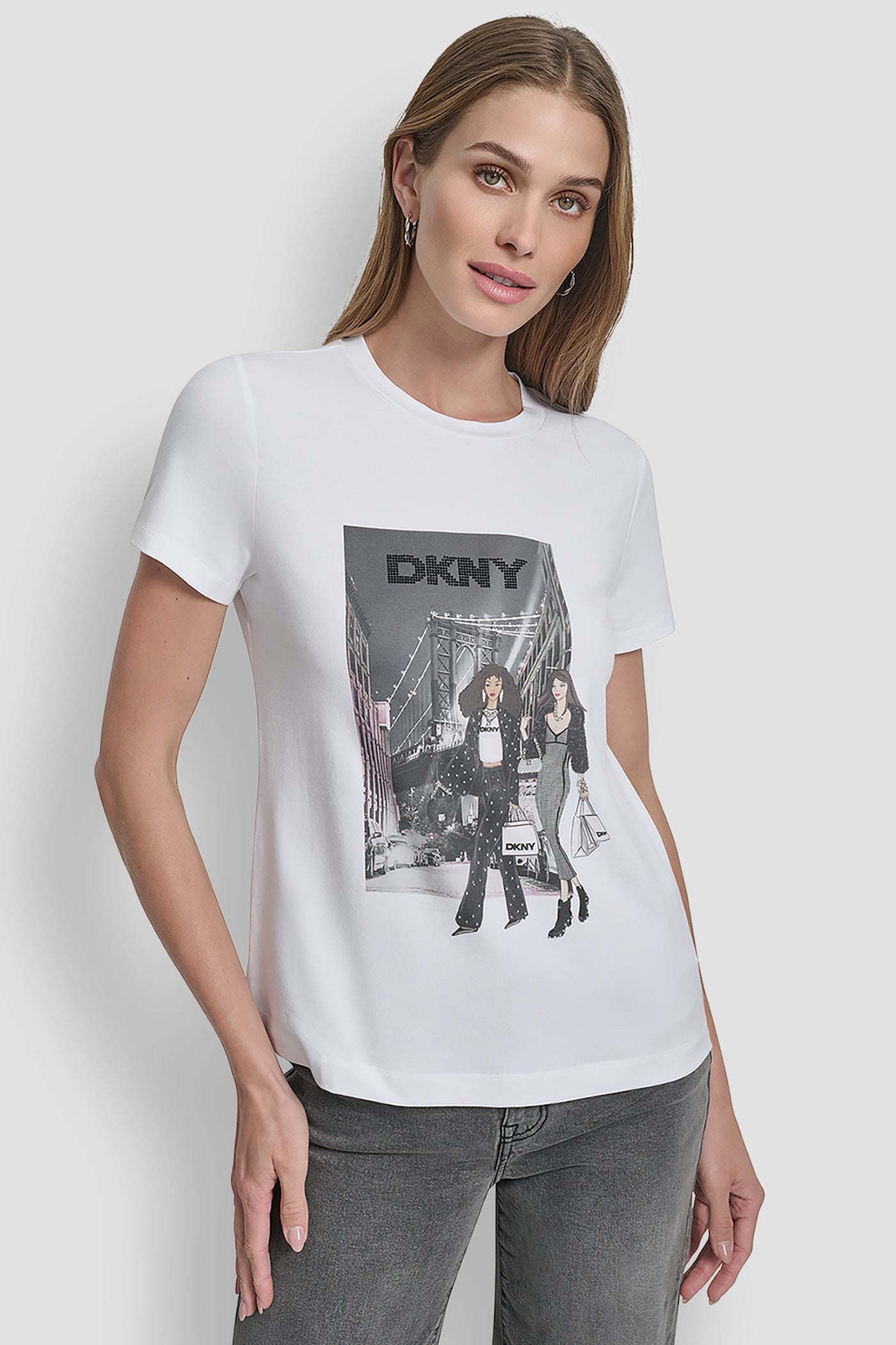 White SHORT SLEEVE SOFT STRECH CREWNECK TEE, FRONT VIEW | DKNY Promo