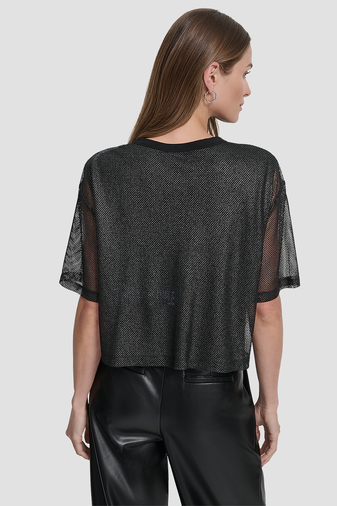 Black SHORT SLEEVE MESH OVERLAY LOGO KNIT TOP, BACK VIEW | WOMEN'S SWEATERS & TOPS