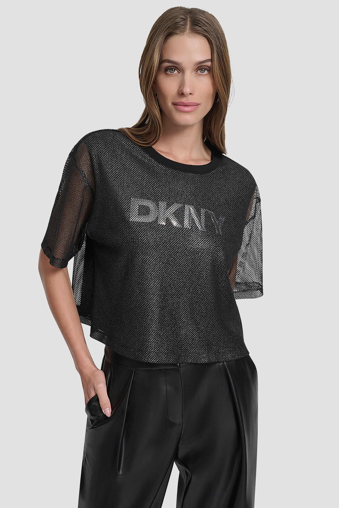 Black SHORT SLEEVE MESH OVERLAY LOGO KNIT TOP, FRONT VIEW | WOMEN'S SWEATERS & TOPS