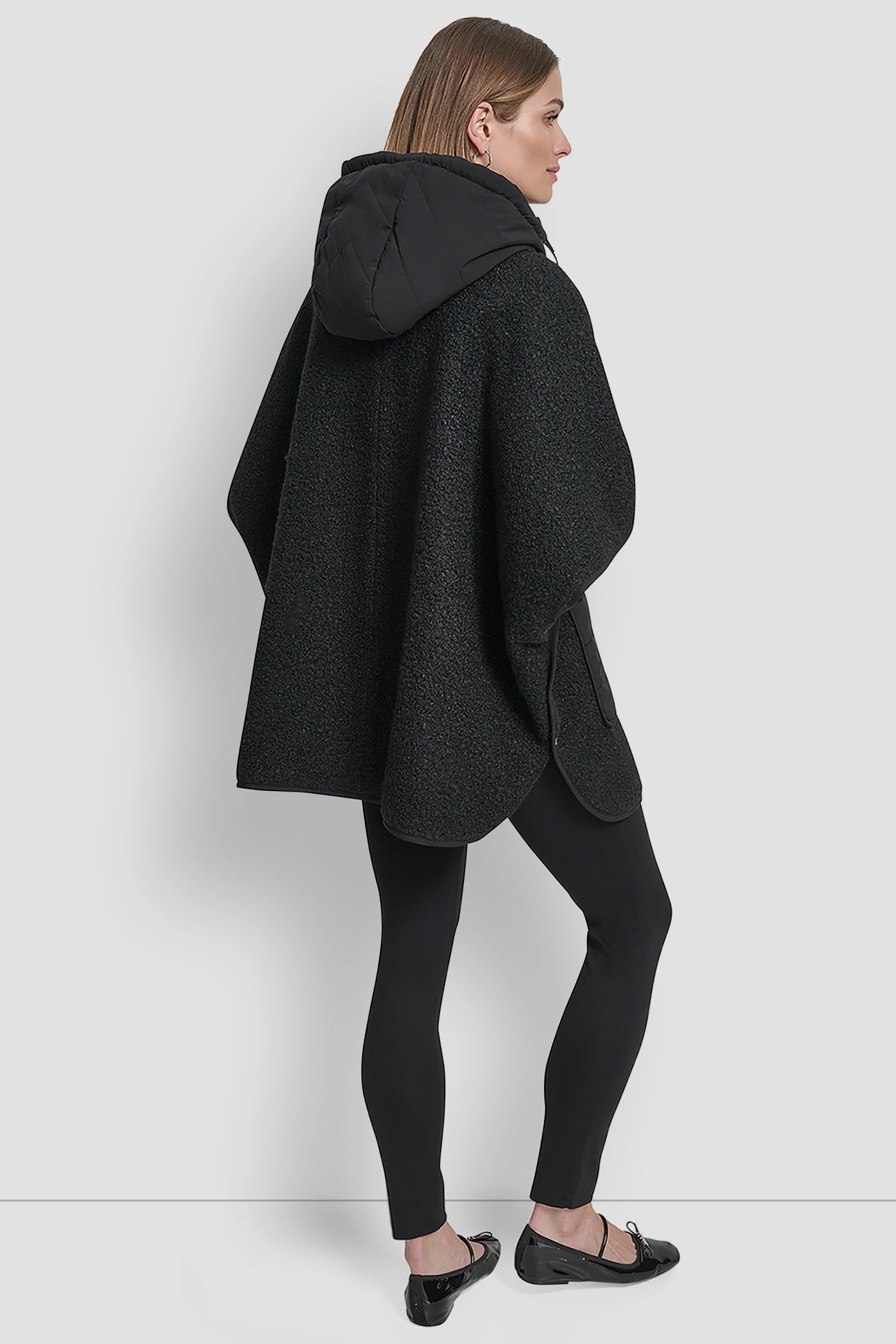 Black DKNY HOODED BOUCLE CAPE, BACK VIEW | New clothing