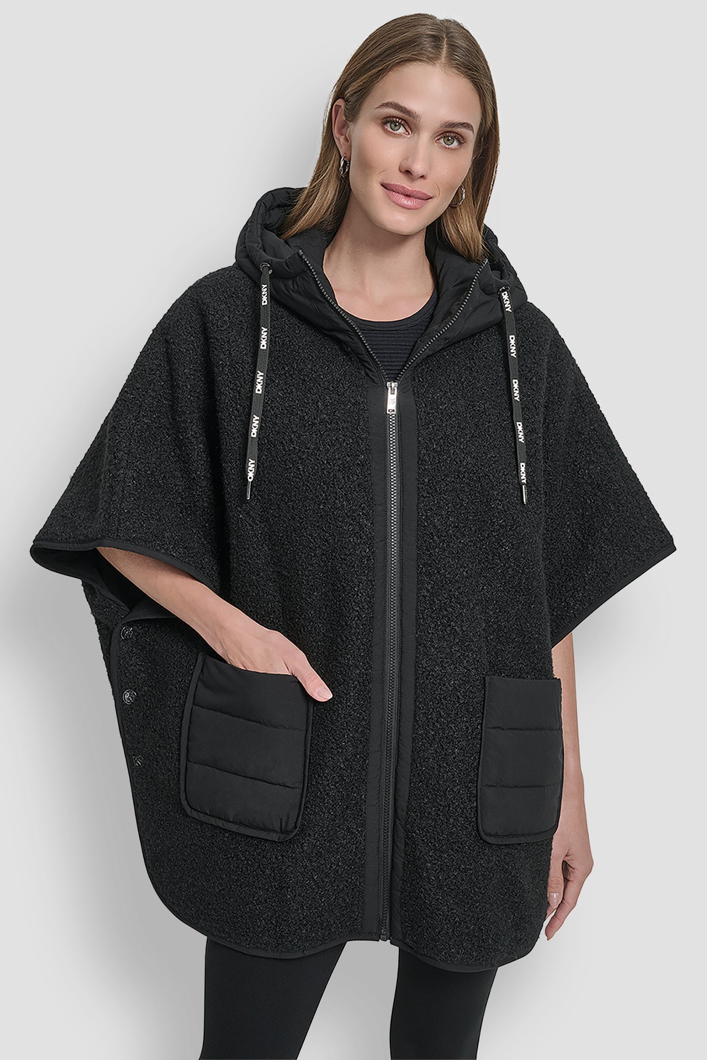 Black DKNY HOODED BOUCLE CAPE, FRONT VIEW | New clothing