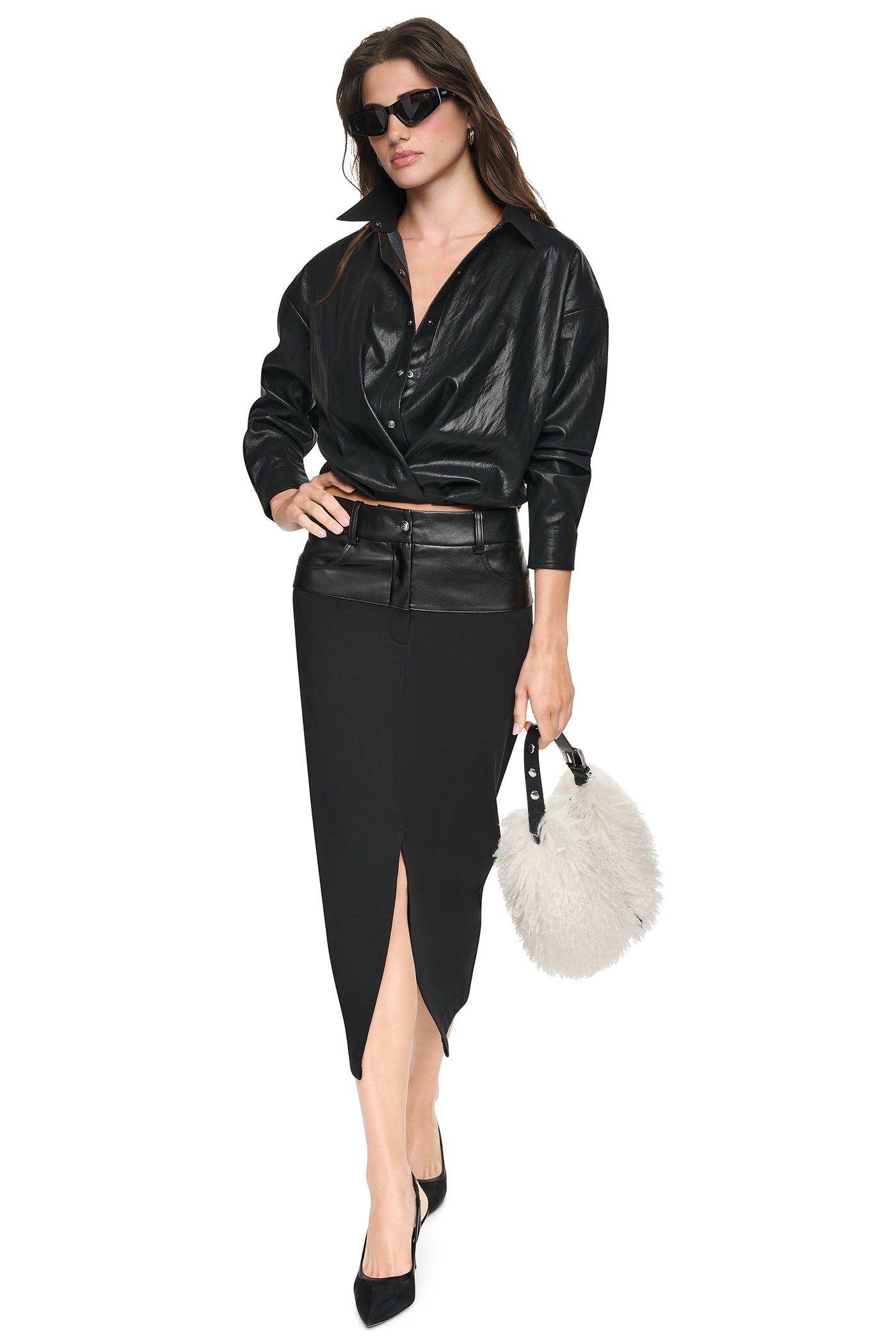 MIXED MEDIA SPLIT FRONT MIDI SKIRT VIEW 1
