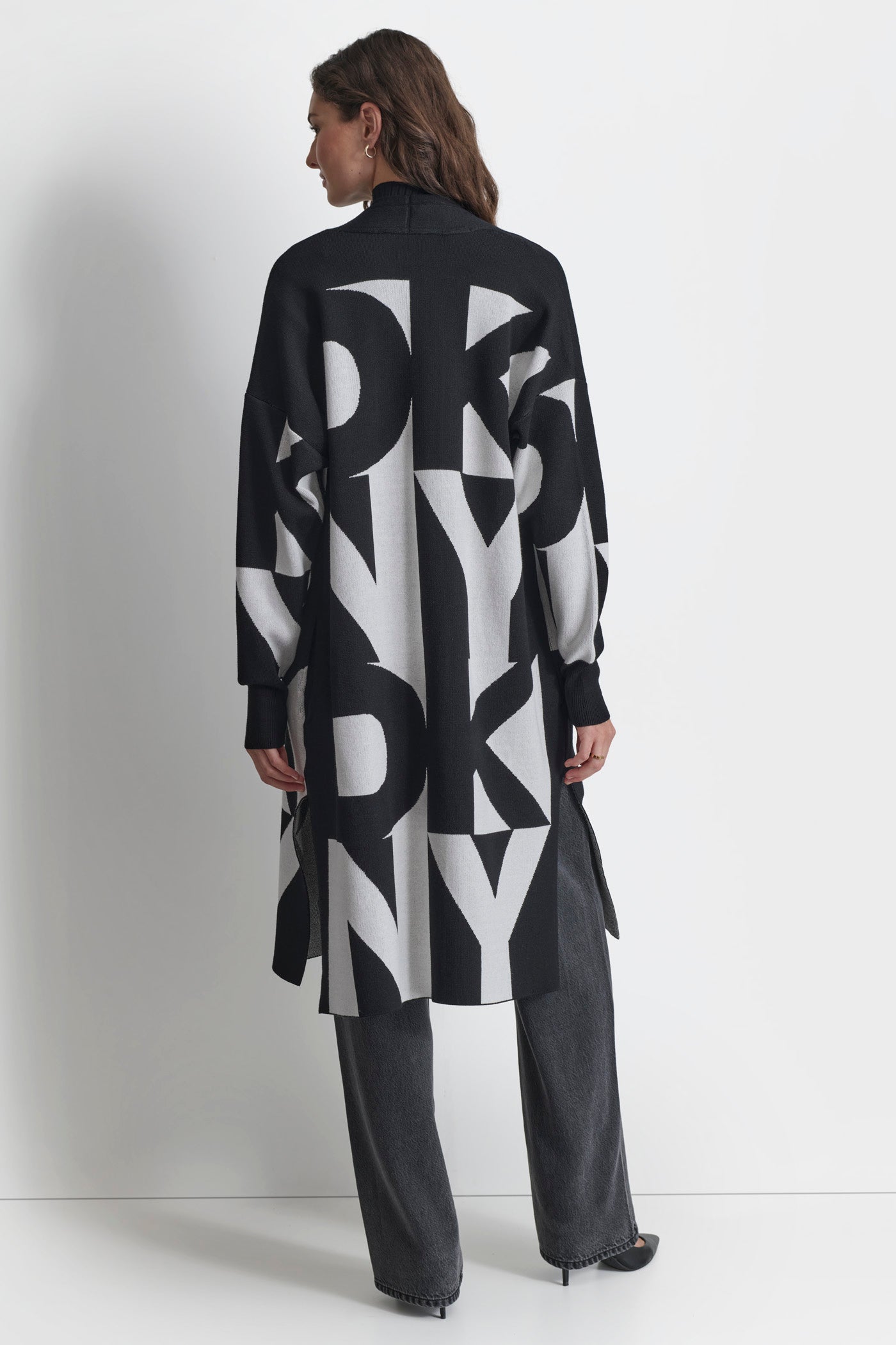 Black TWO-TONE LOGO CARDIGAN, BACK VIEW | WOMEN'S SWEATERS & TOPS