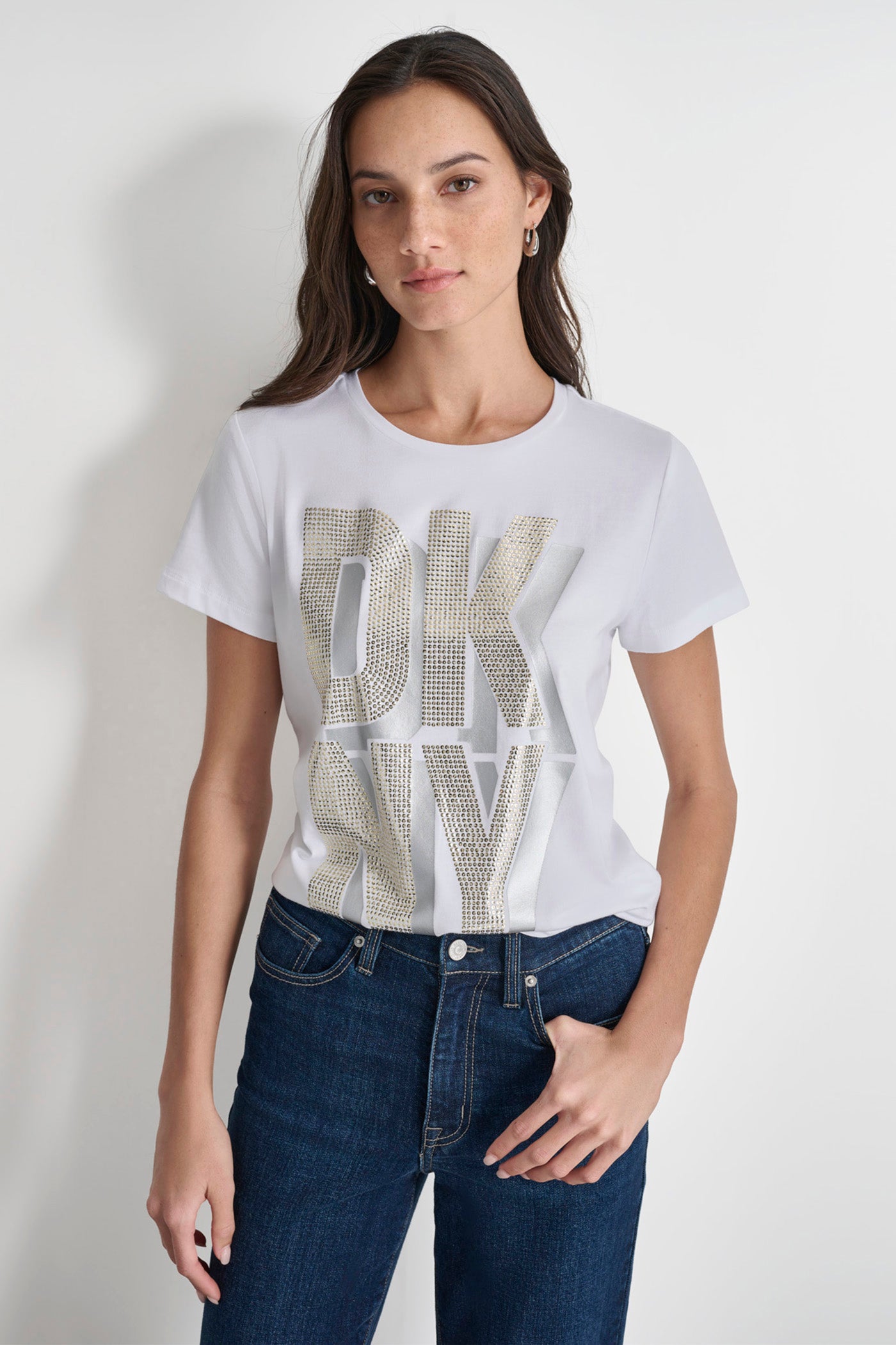 White DKNY SHADOW GLITTER TEE, VIEW 1 | Not Clearance or Preorder